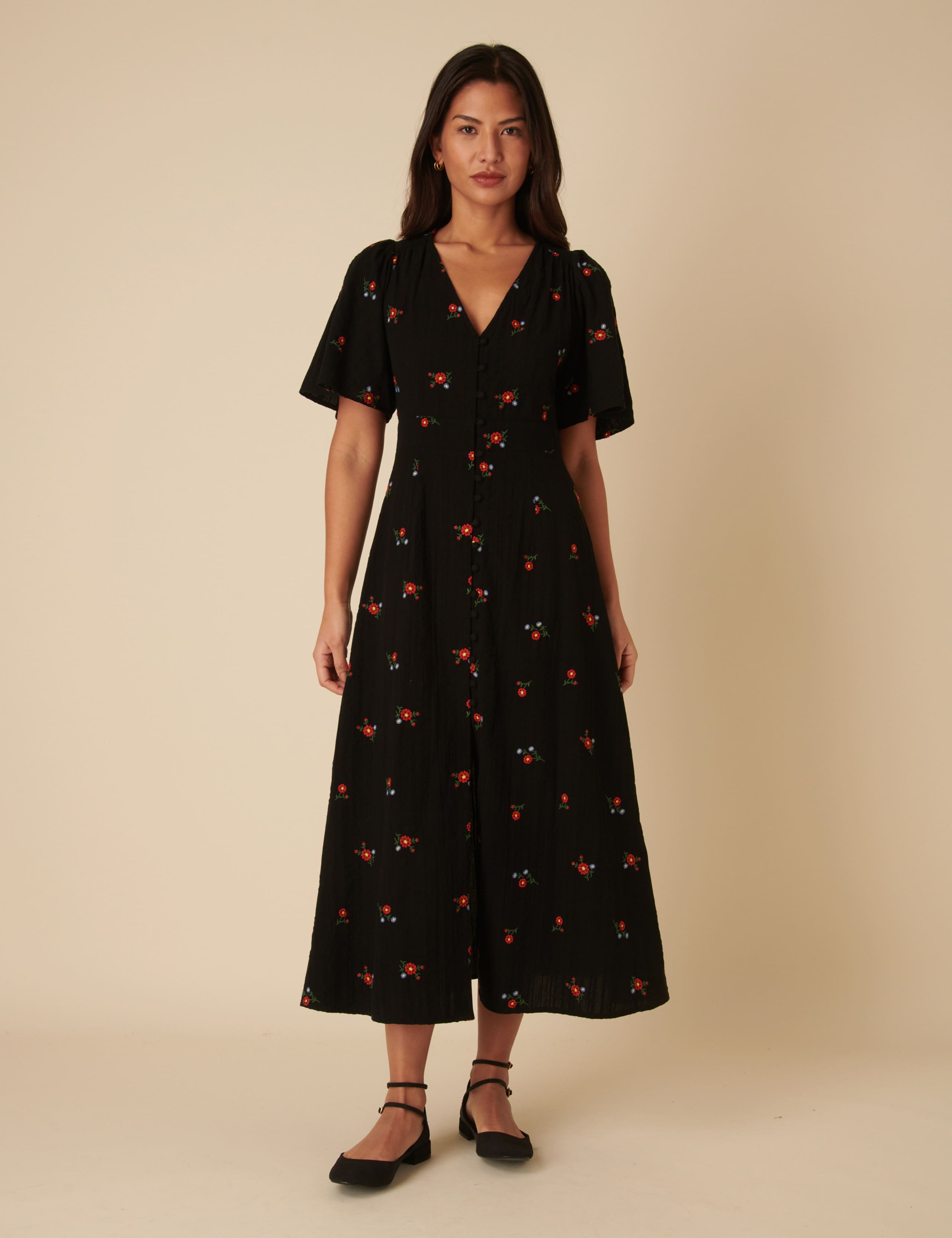 Pure Cotton Embroidered Midaxi Waisted Dress