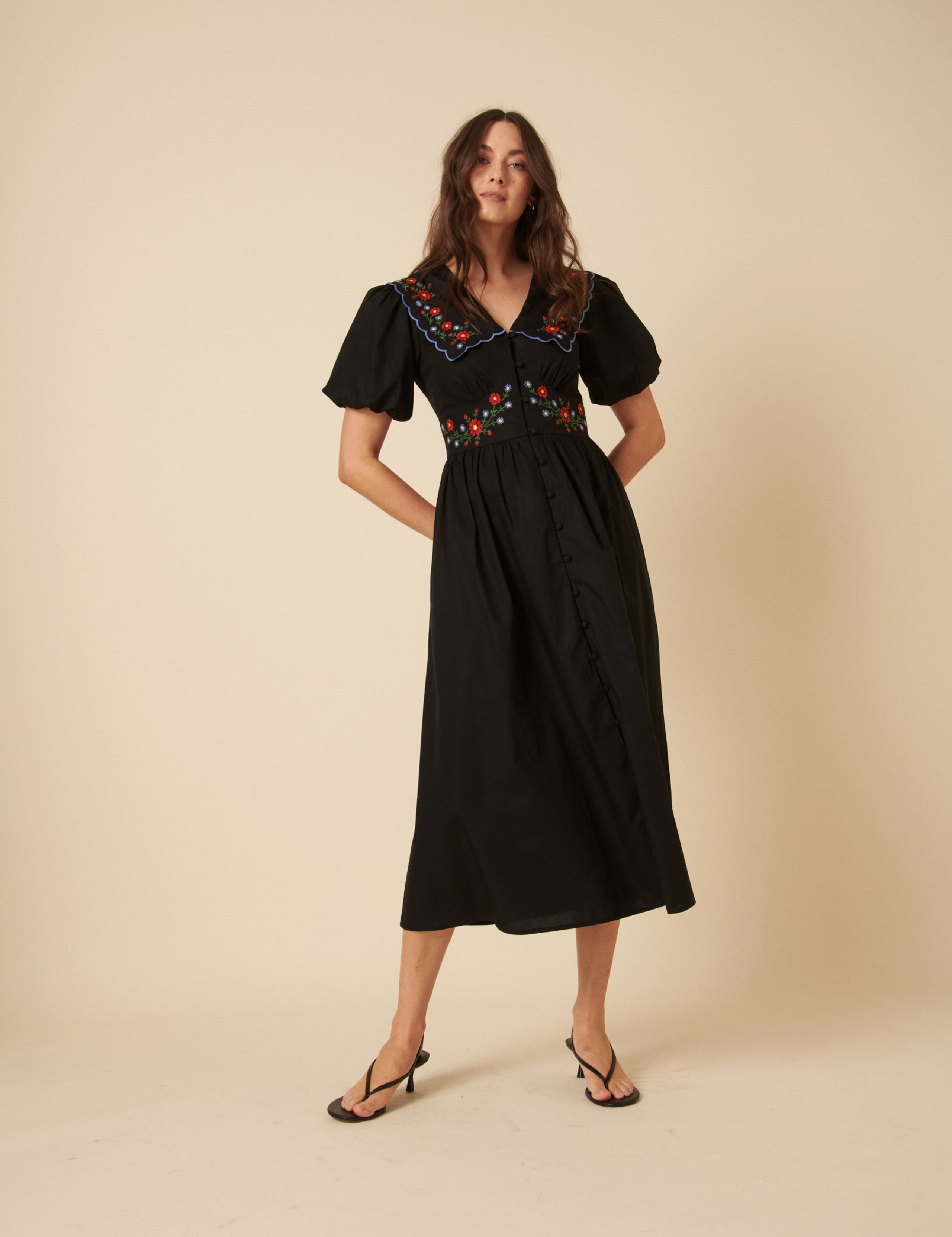 Pure Cotton Embroidered Midi Waisted Dress