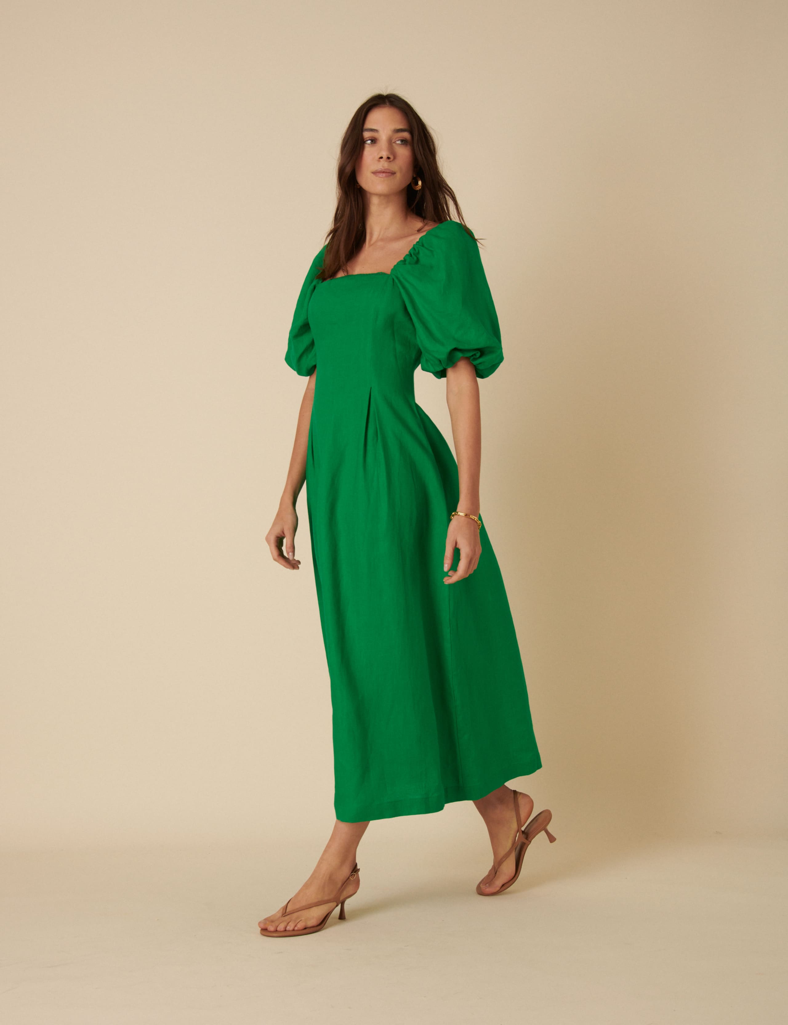 Pure Linen Square Neck Puff Sleeve Midi Dress