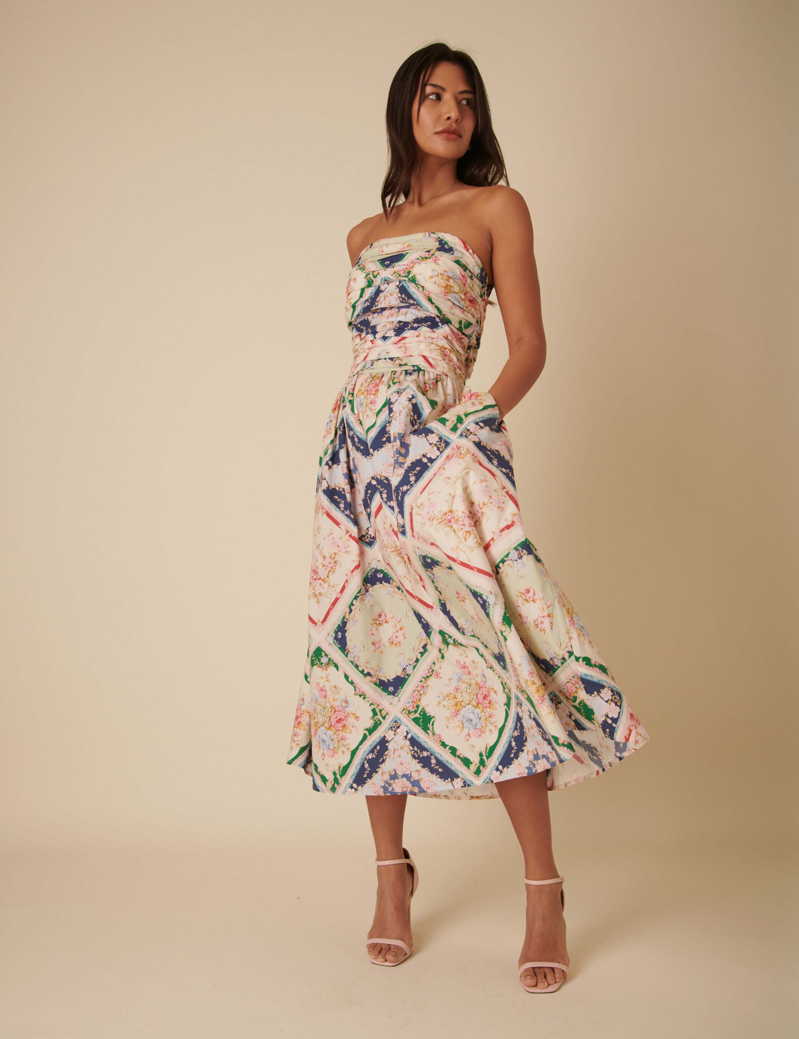 Pure Cotton Scarf Print Square Neck Strappy Midaxi Waisted Dress