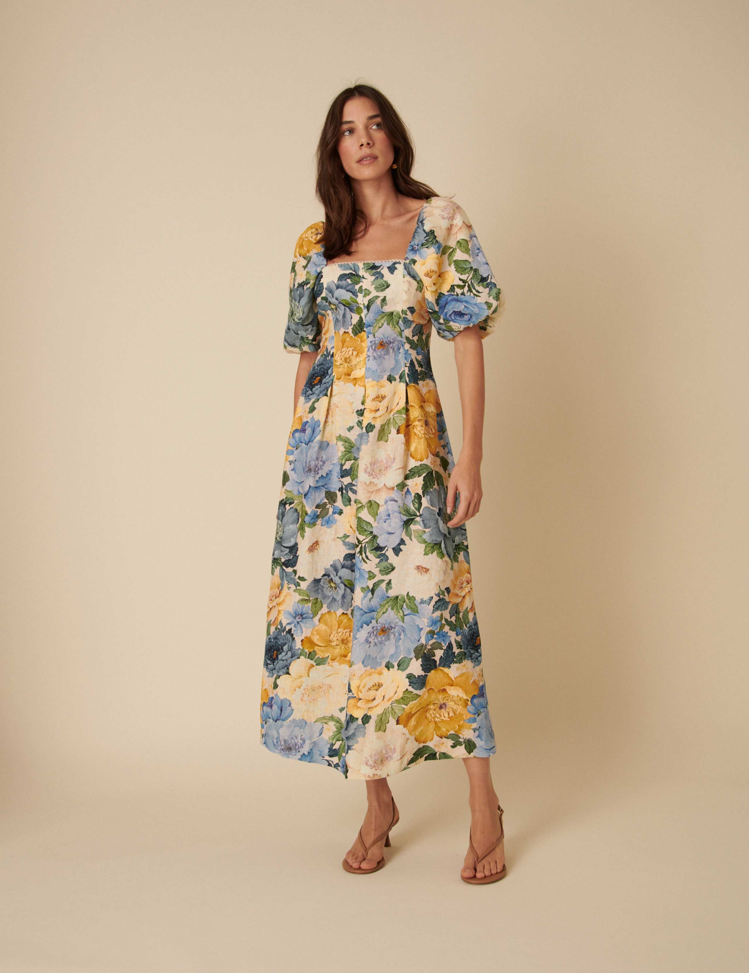 Pure Linen Floral Square Neck Waisted Dress