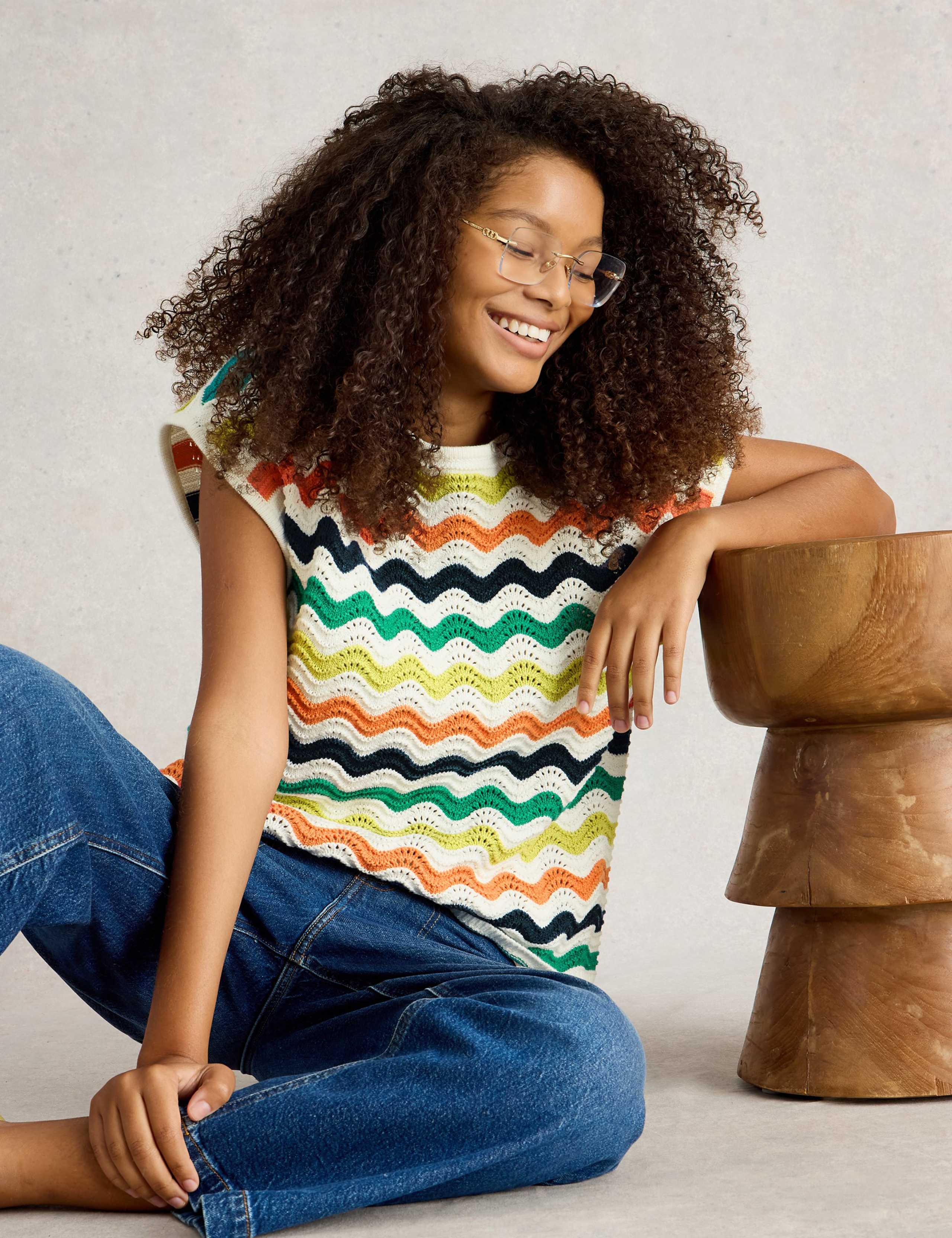 Pure Cotton Colour Block Crew Neck Jumper