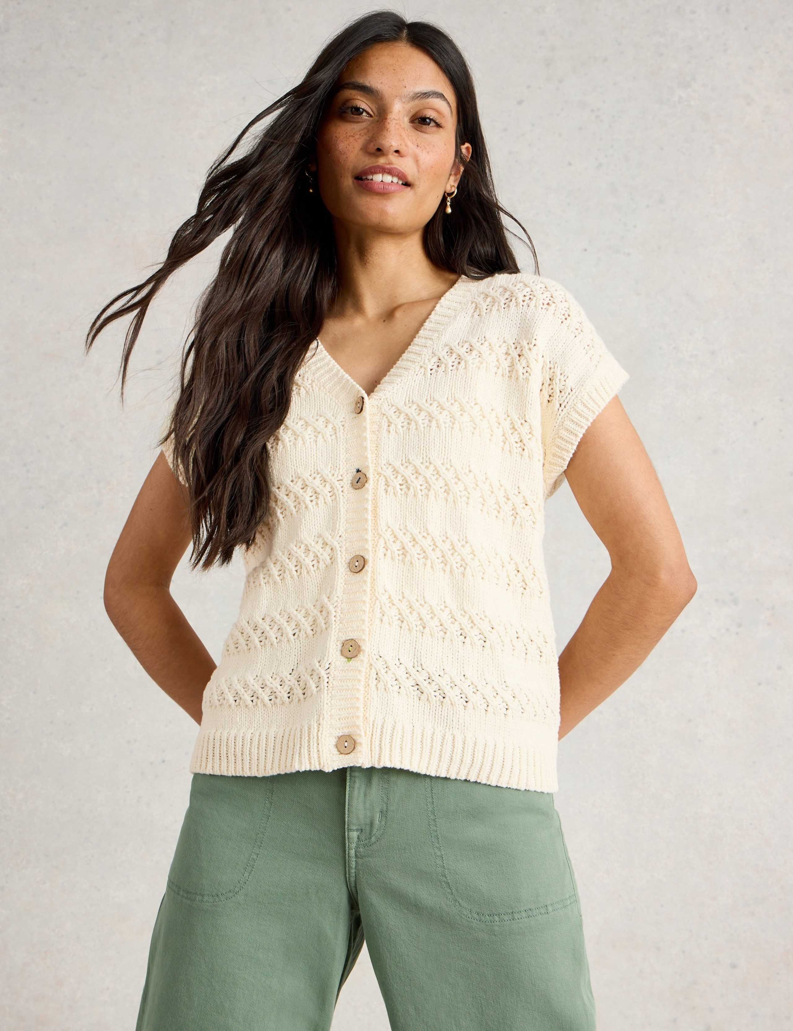 Pure Cotton Textured V-Neck Knitted Waistcoat