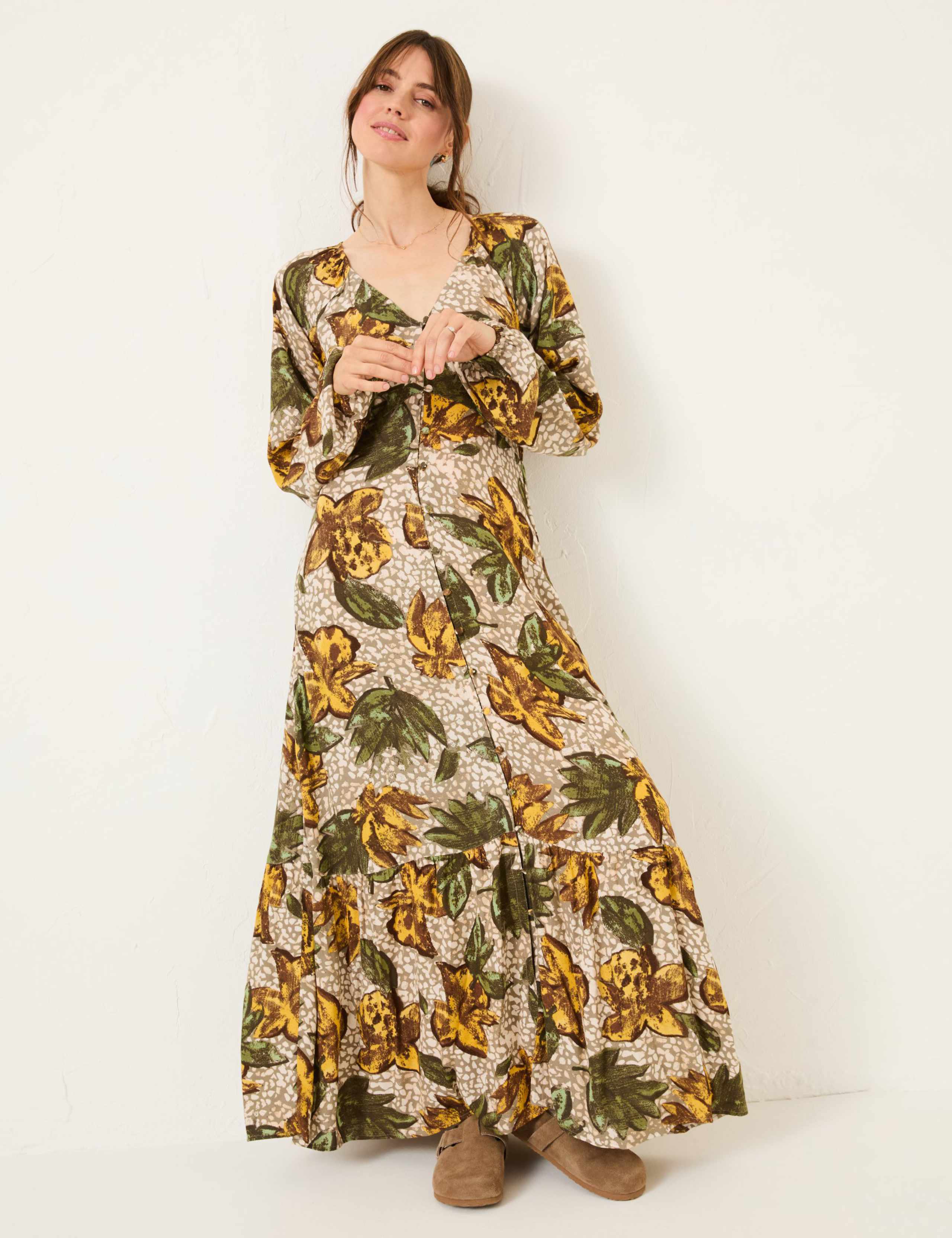 Pure Lyocell Floral V-Neck Maxi Tiered Dress