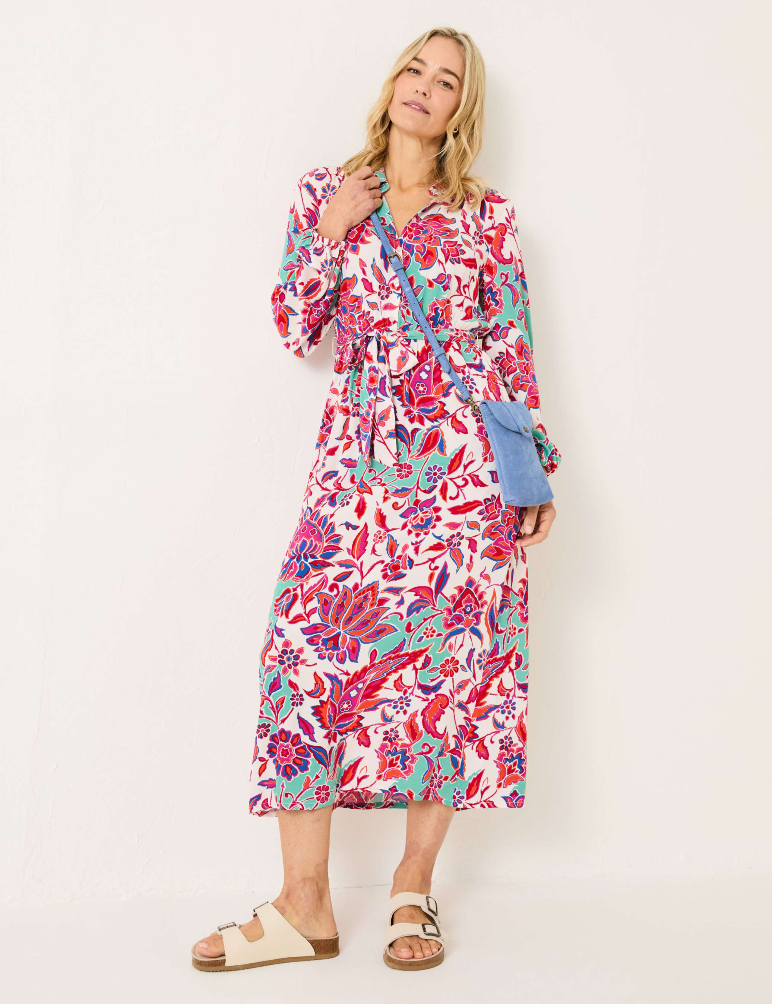 Floral Blouson Sleeve Tie Waist Midaxi Shirt Dress