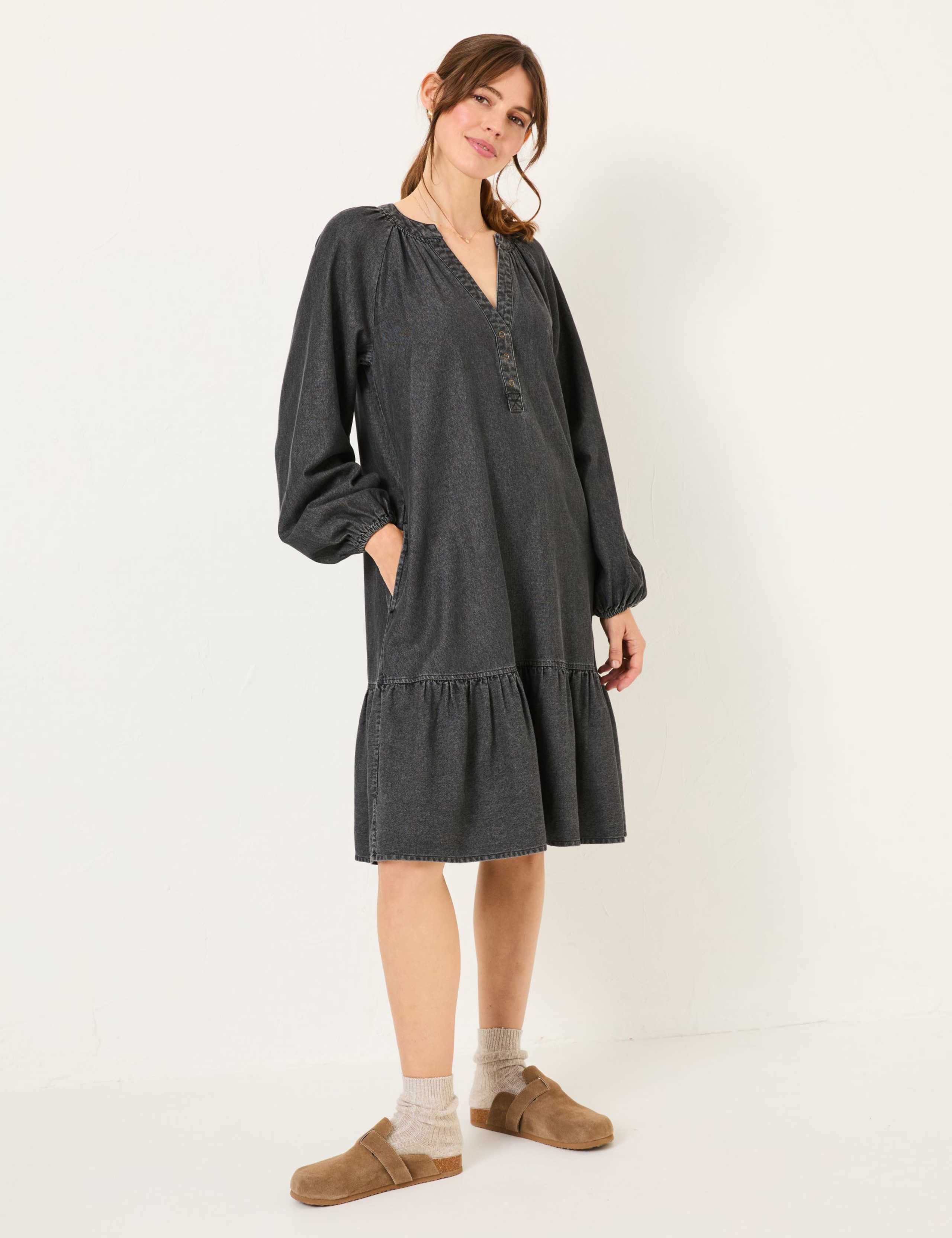 Denim Notch Neck Knee Length Tiered Dress