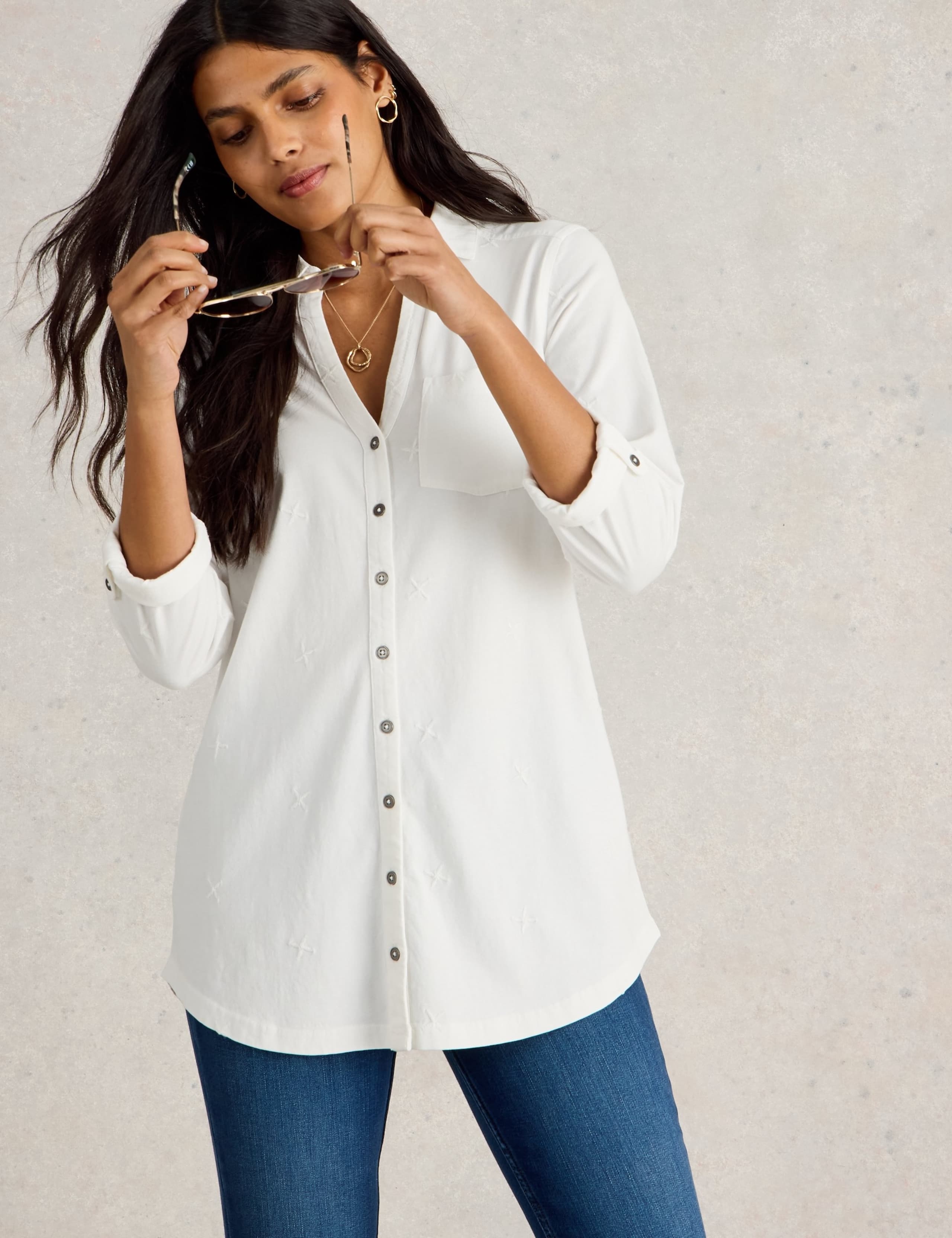 Pure Cotton Embroidered Longline Shirt
