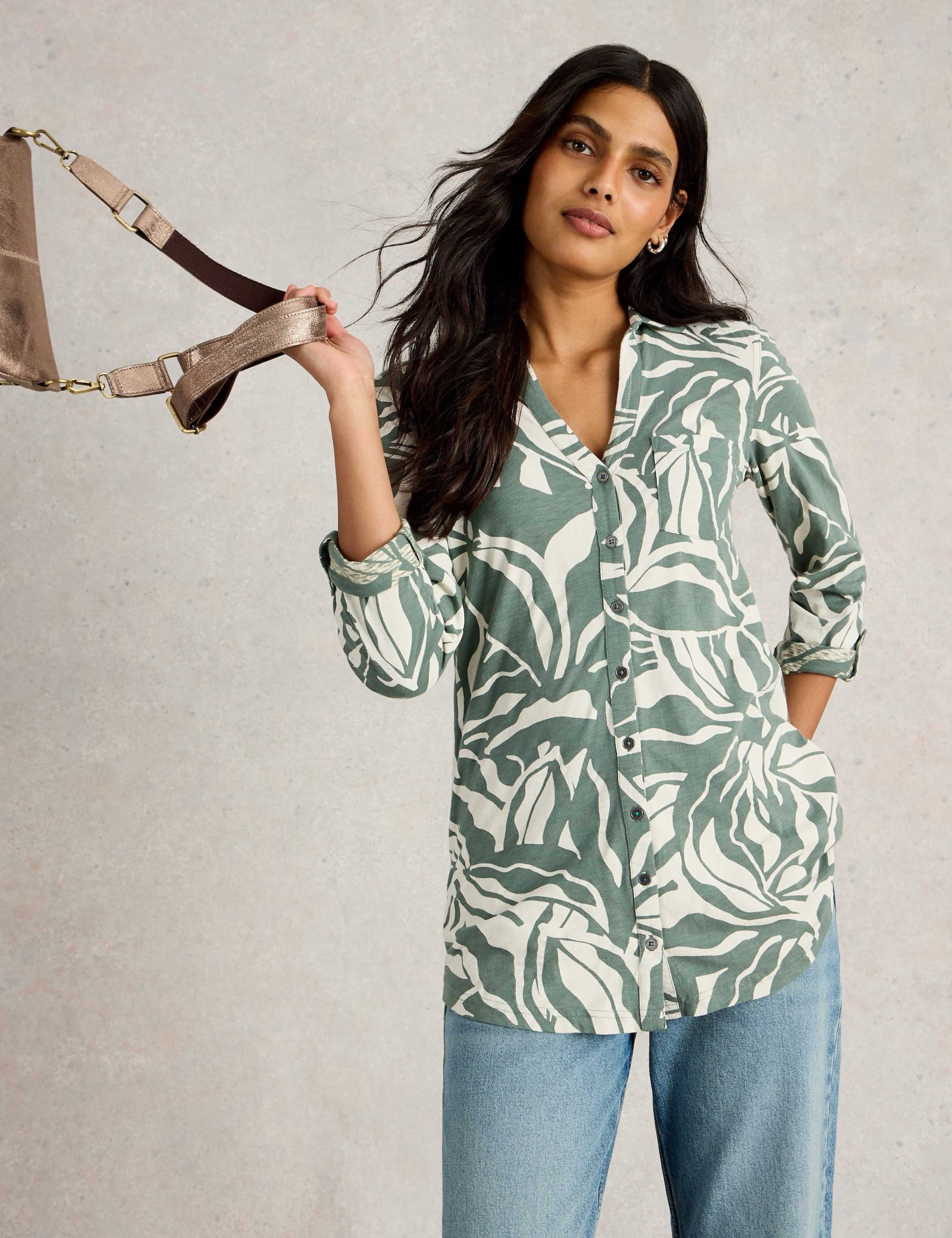 Pure Cotton Leaf Print Collared Longline Shirt