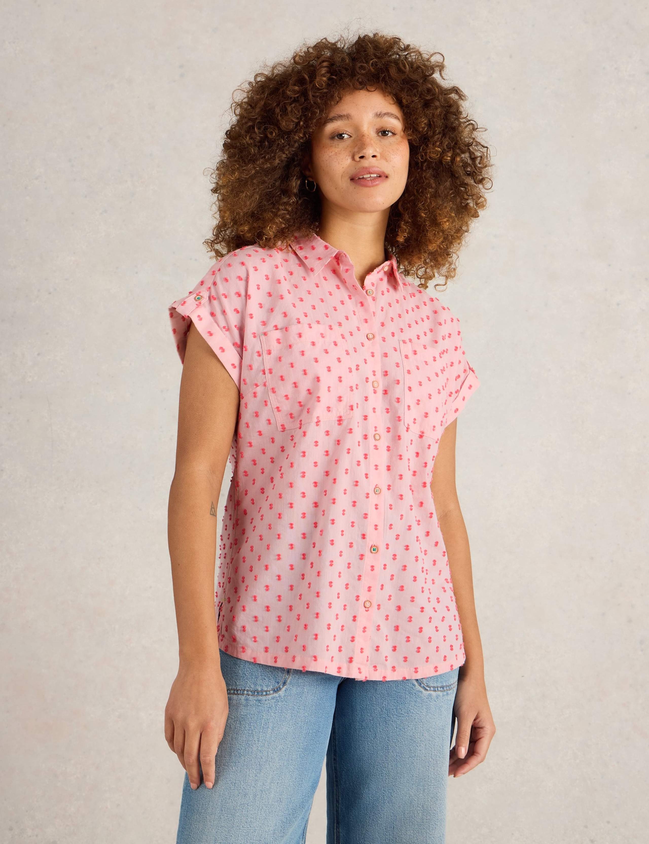 Pure Cotton Textured Collared Cap Sleeve Shirt