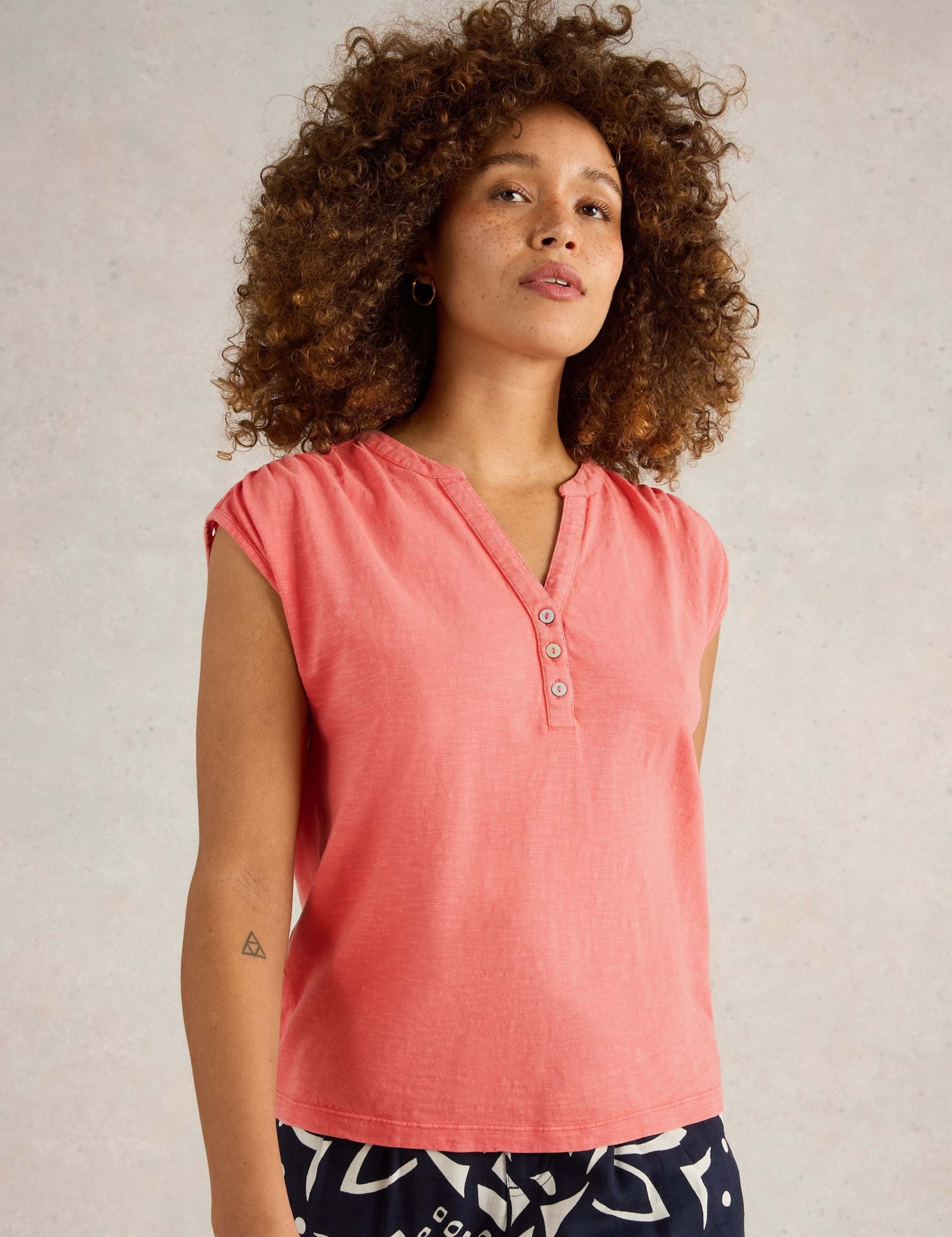 Pure Cotton Broderie Detail V-Neck Top