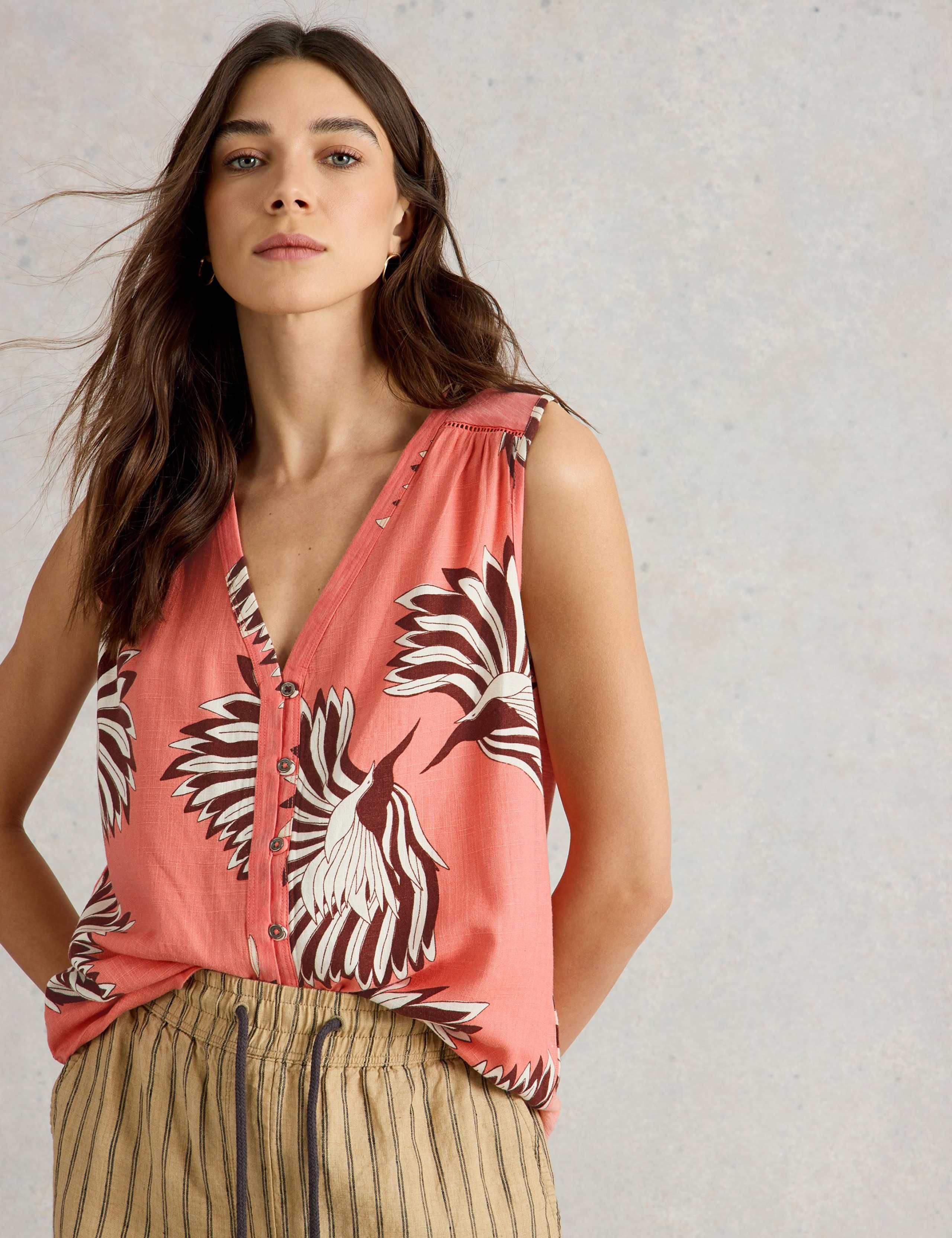 Linen Blend Printed V-Neck Button Front Top