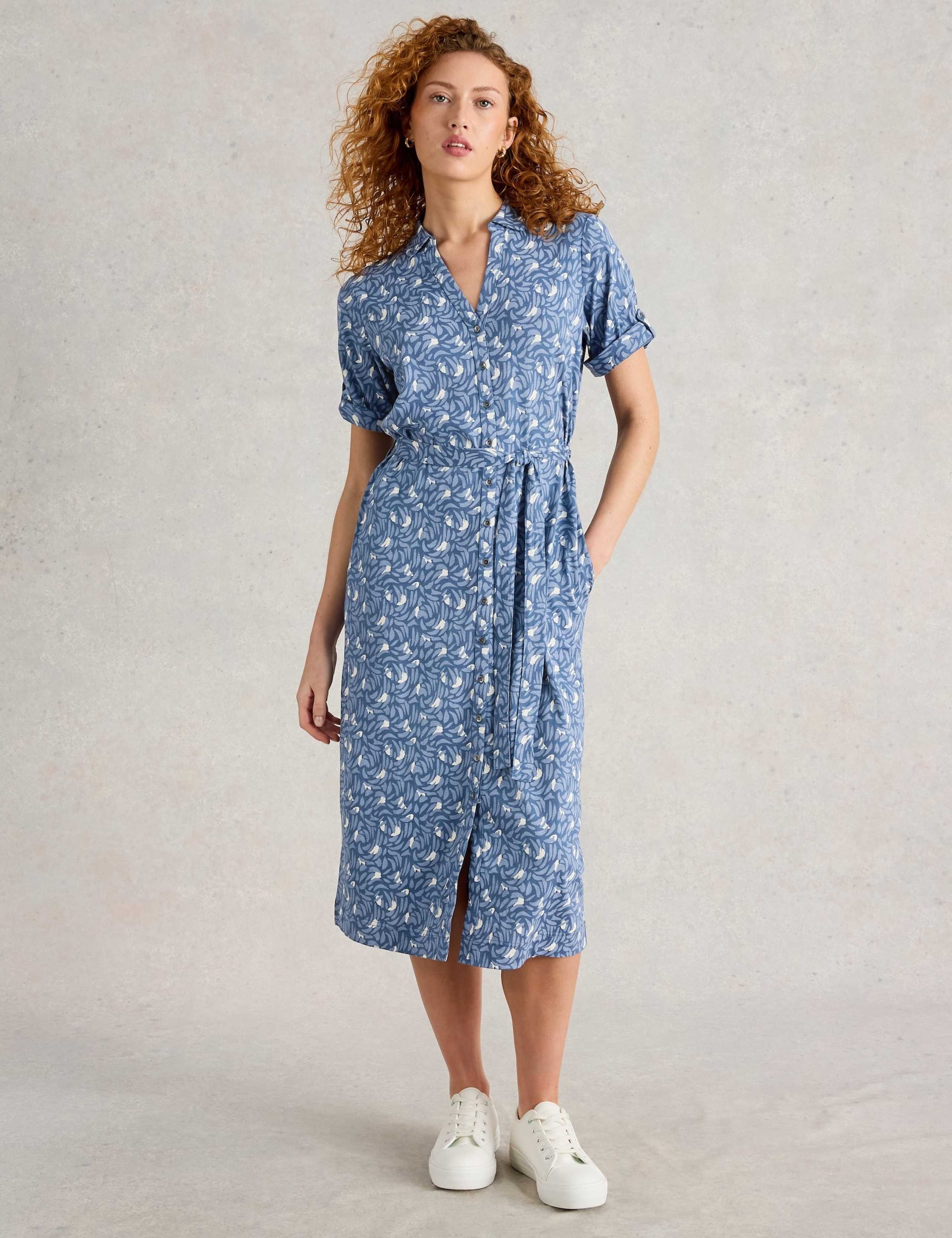 Cotton Blend Jersey Printed Midi Shirt Dress