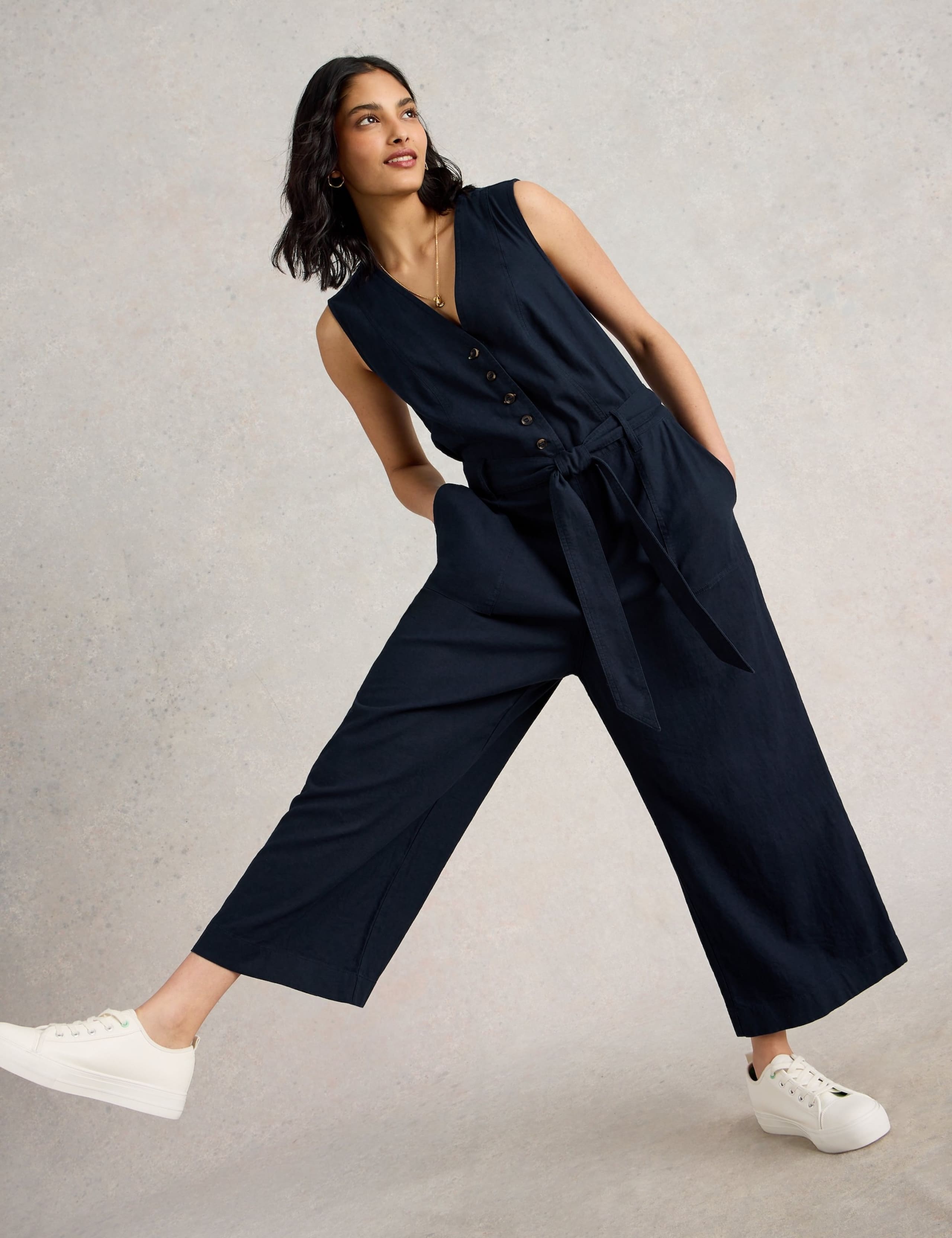 Linen Rich Cropped Wide Leg Jumpsuit