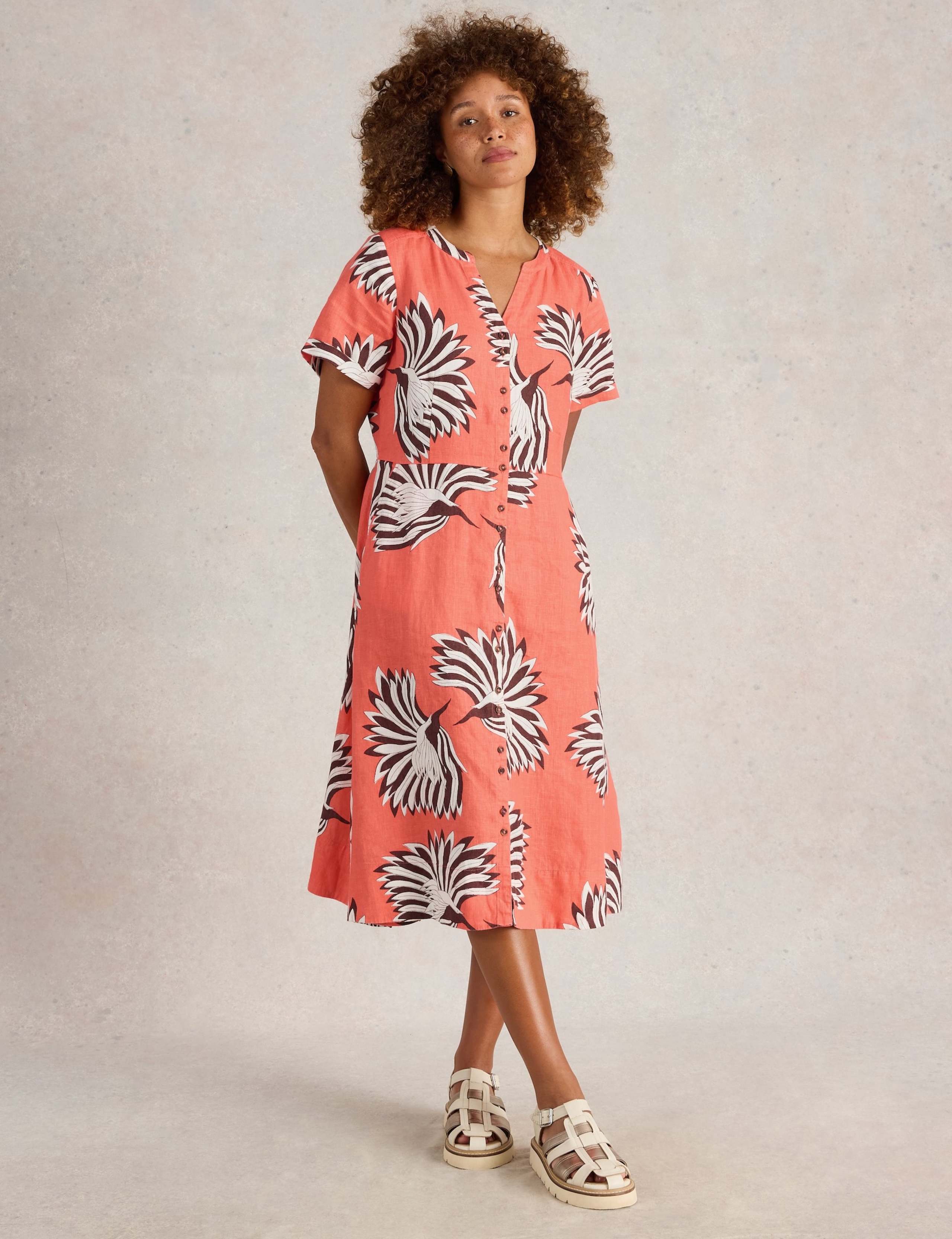 Linen Rich Printed Notch Neck Midi Tea Dress