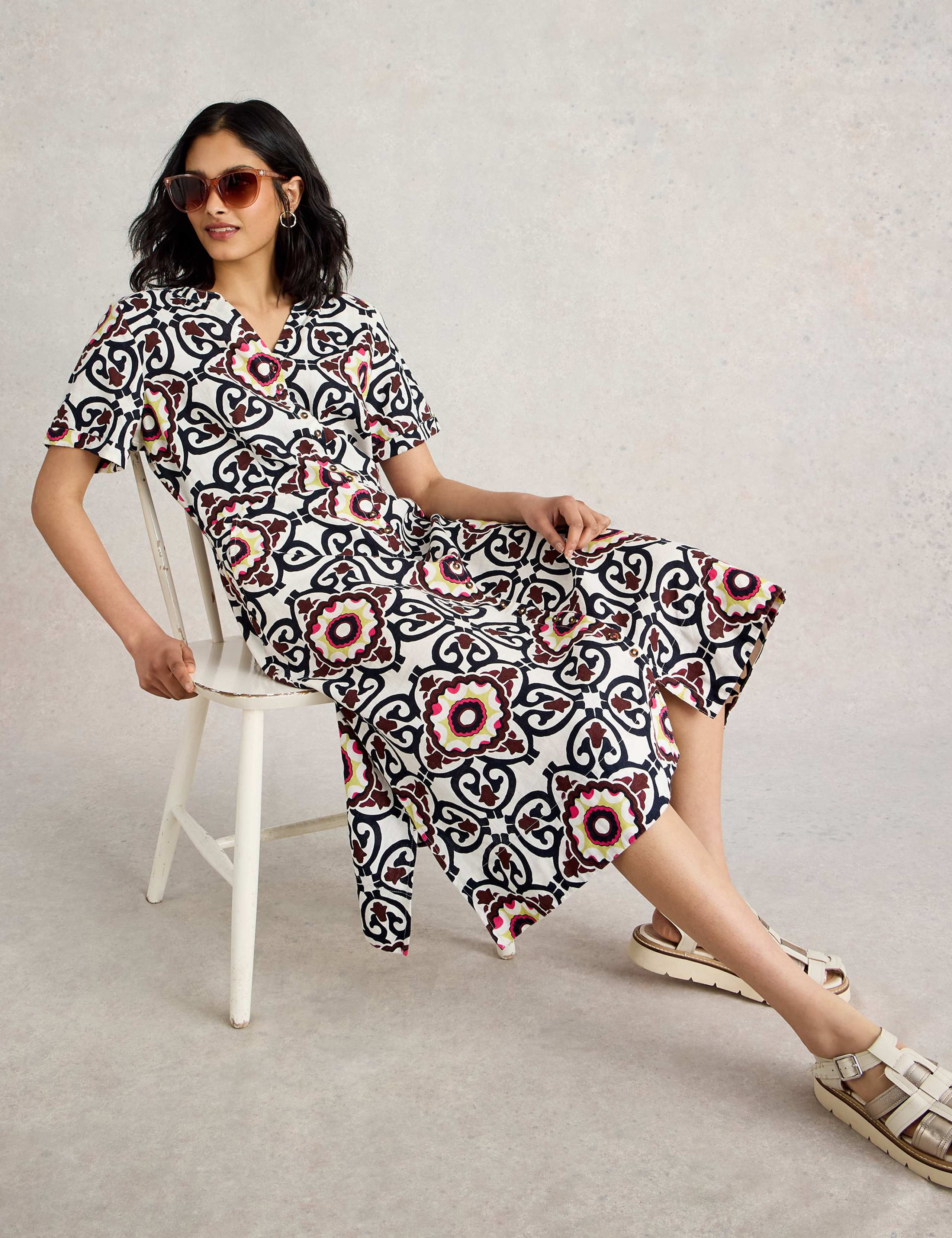 Pure Linen Printed Midi Shirt Dress