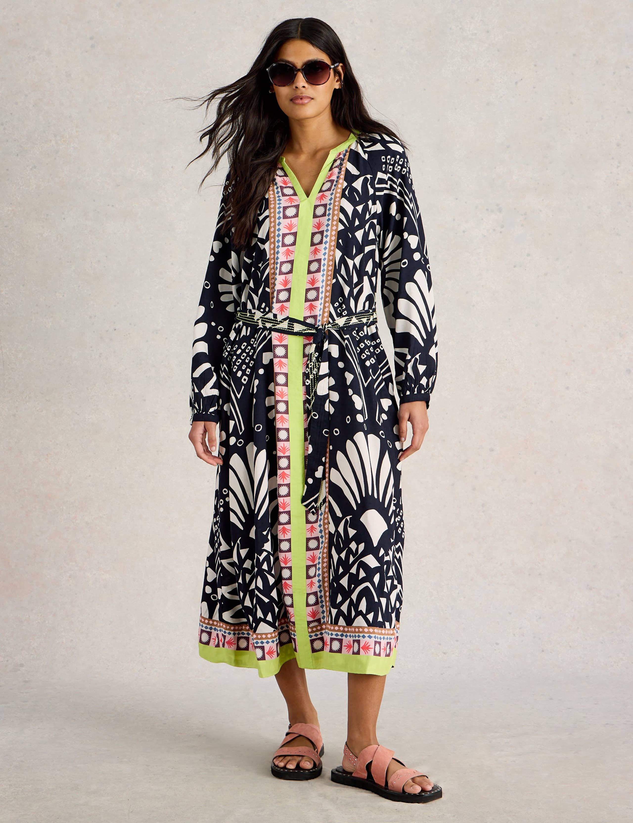 Printed V-Neck Midi Kaftan Dress