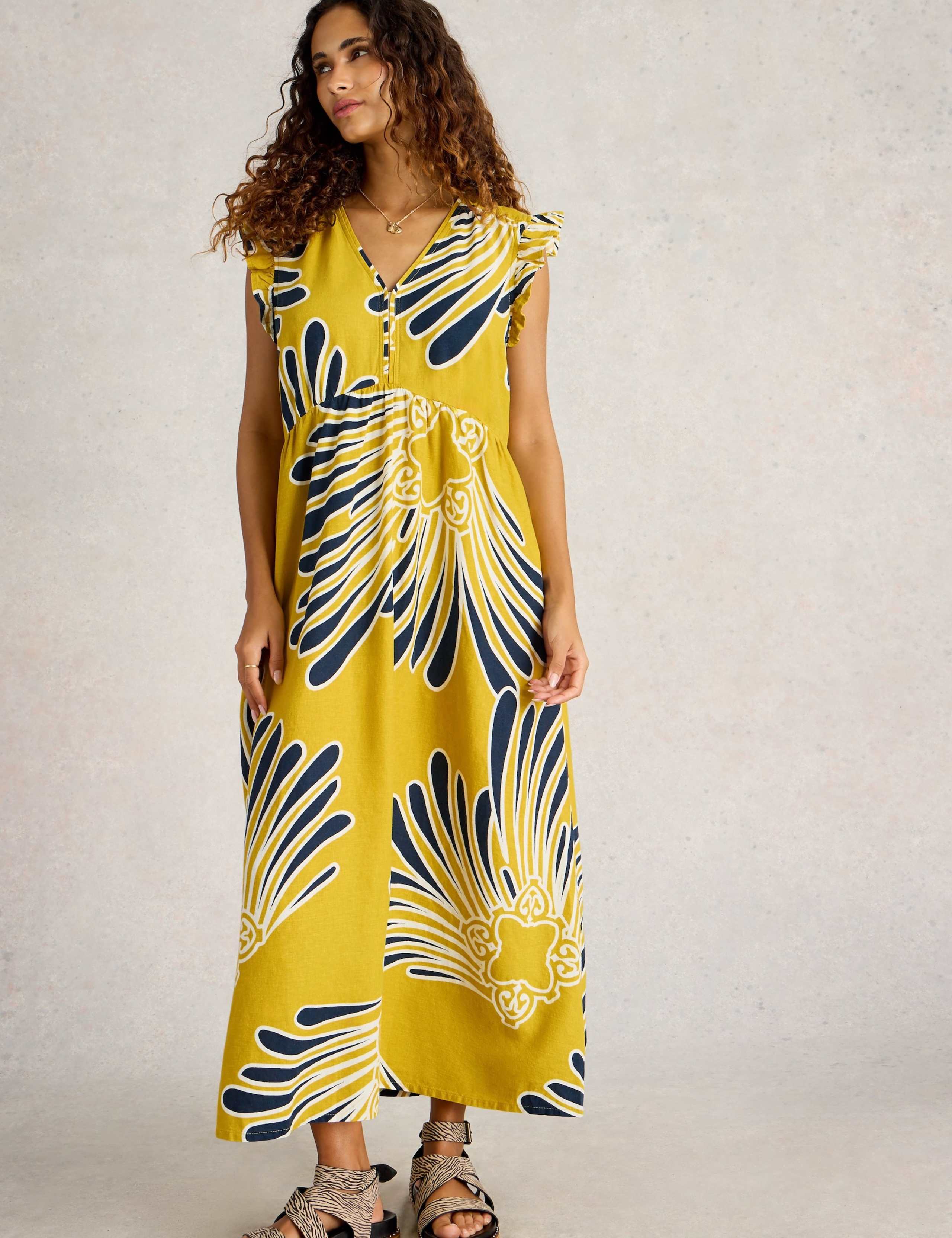 Linen Rich Printed V-Neck Maxi Tea Dress