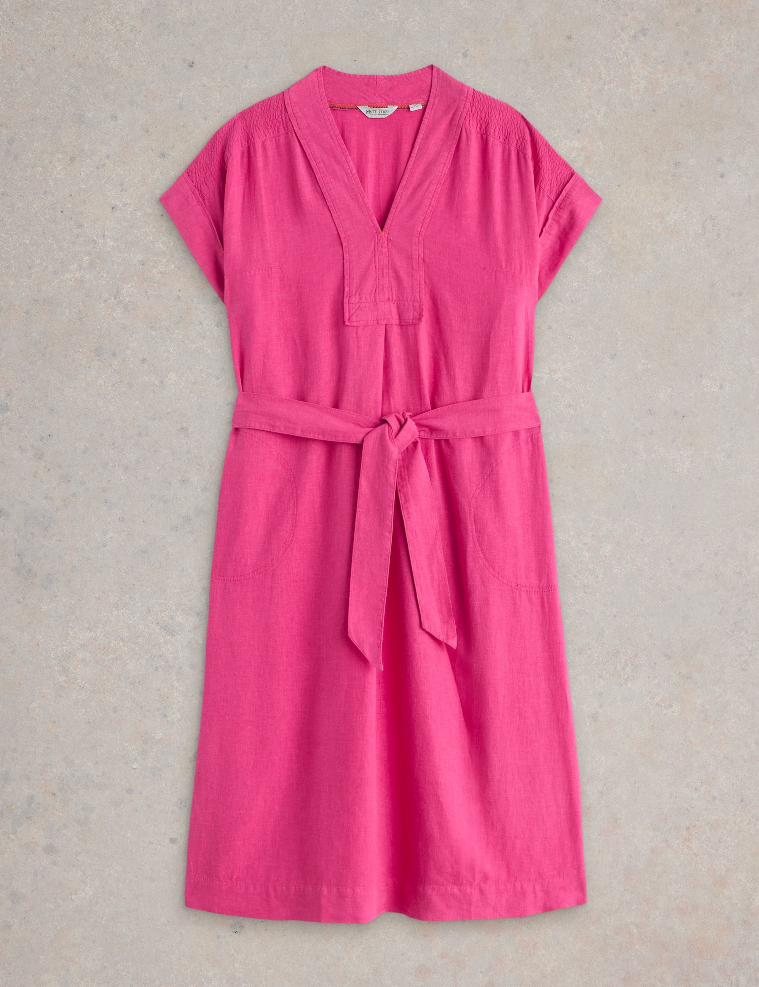 Linen Blend V-Neck Midi Tea Dress