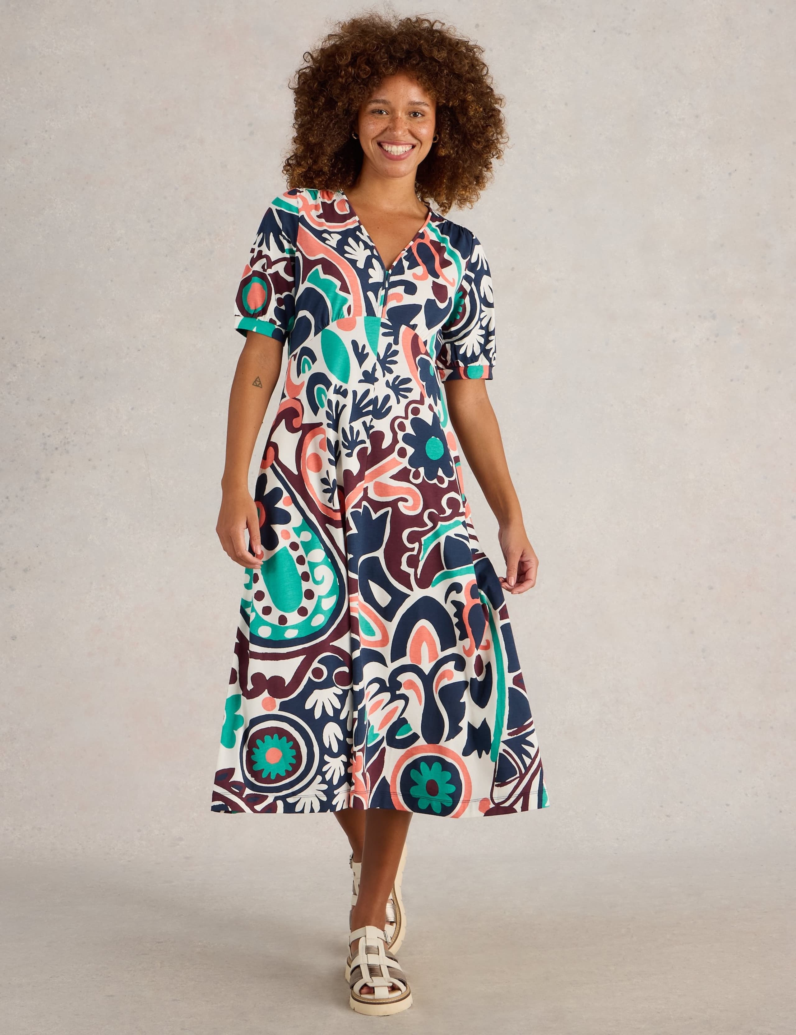 Cotton Blend Jersey V-Neck Midi Tea Dress