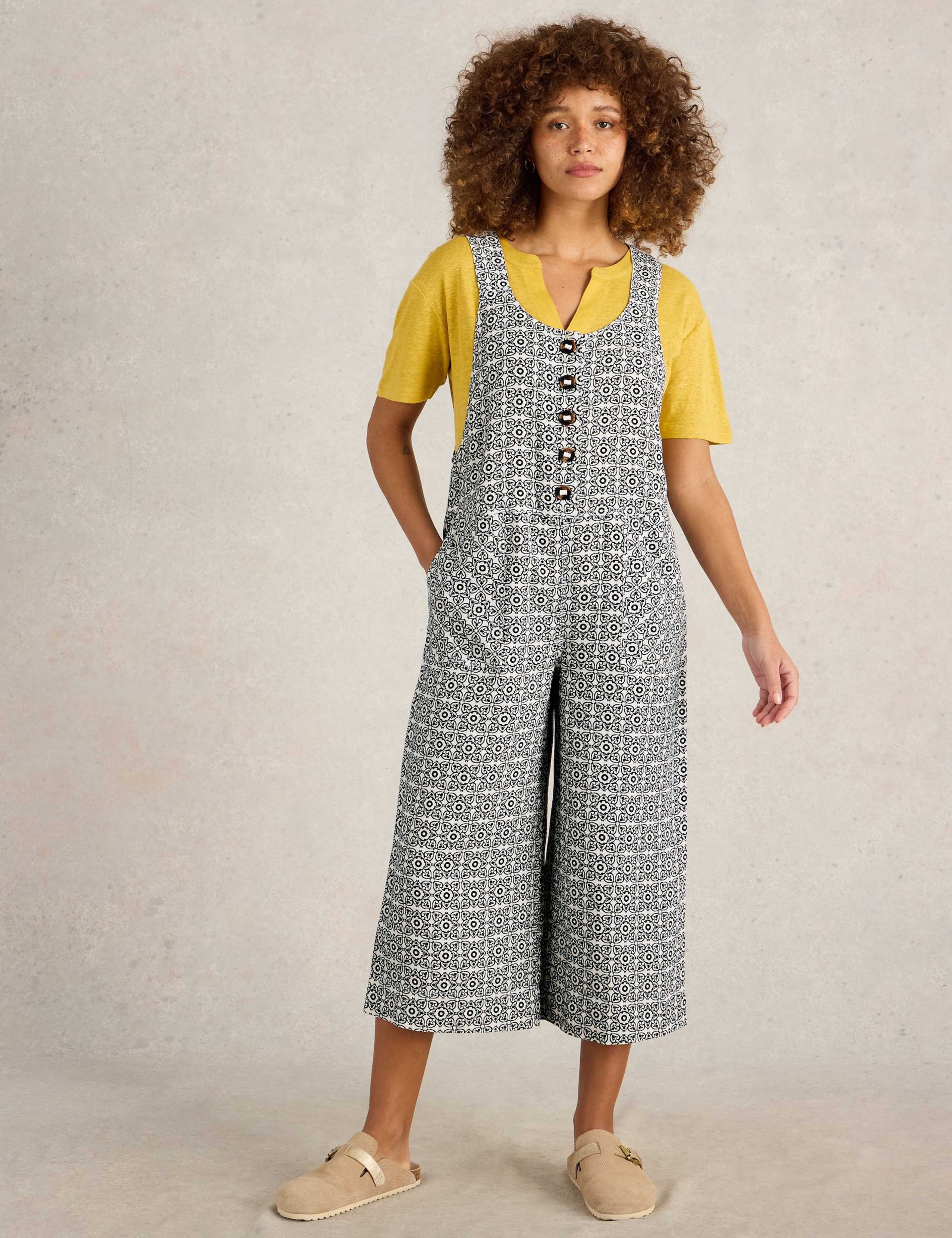 Pure Linen Geometric Ankle Grazer Dungarees