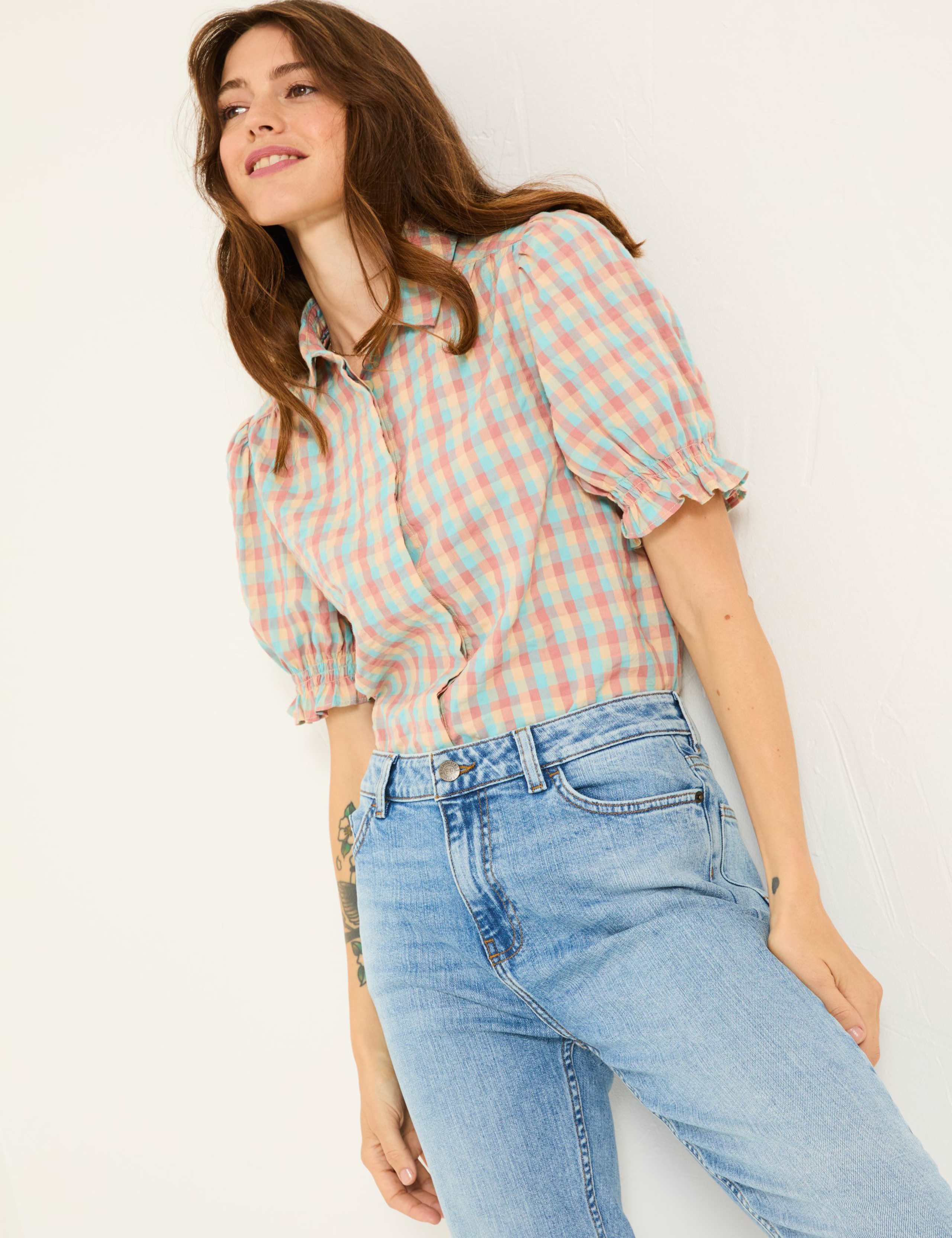 Pure Cotton Gingham Shirred Detail Shirt
