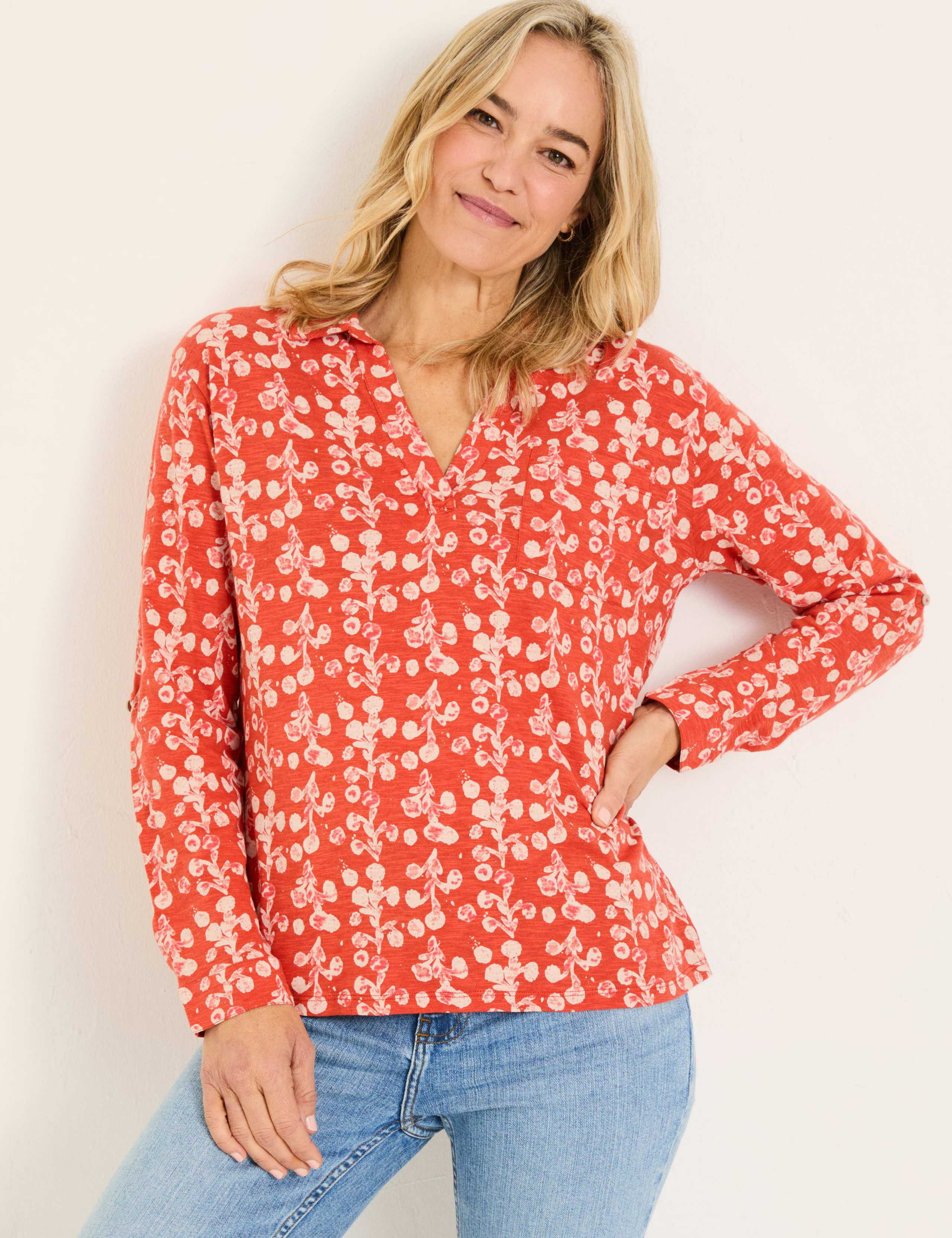 Pure Cotton Floral Collared V-Neck Top