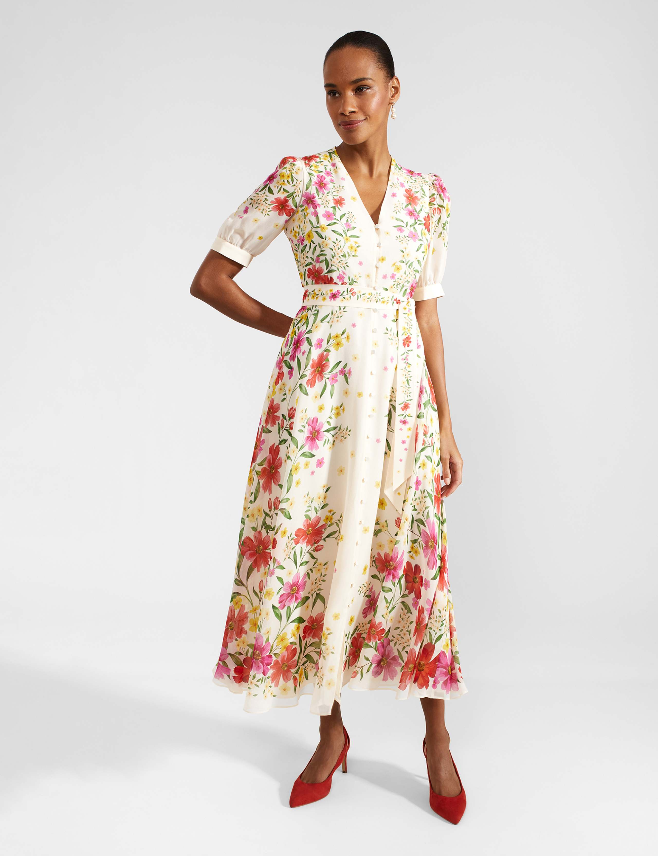 Pure Silk Floral V-Neck Midaxi Dress