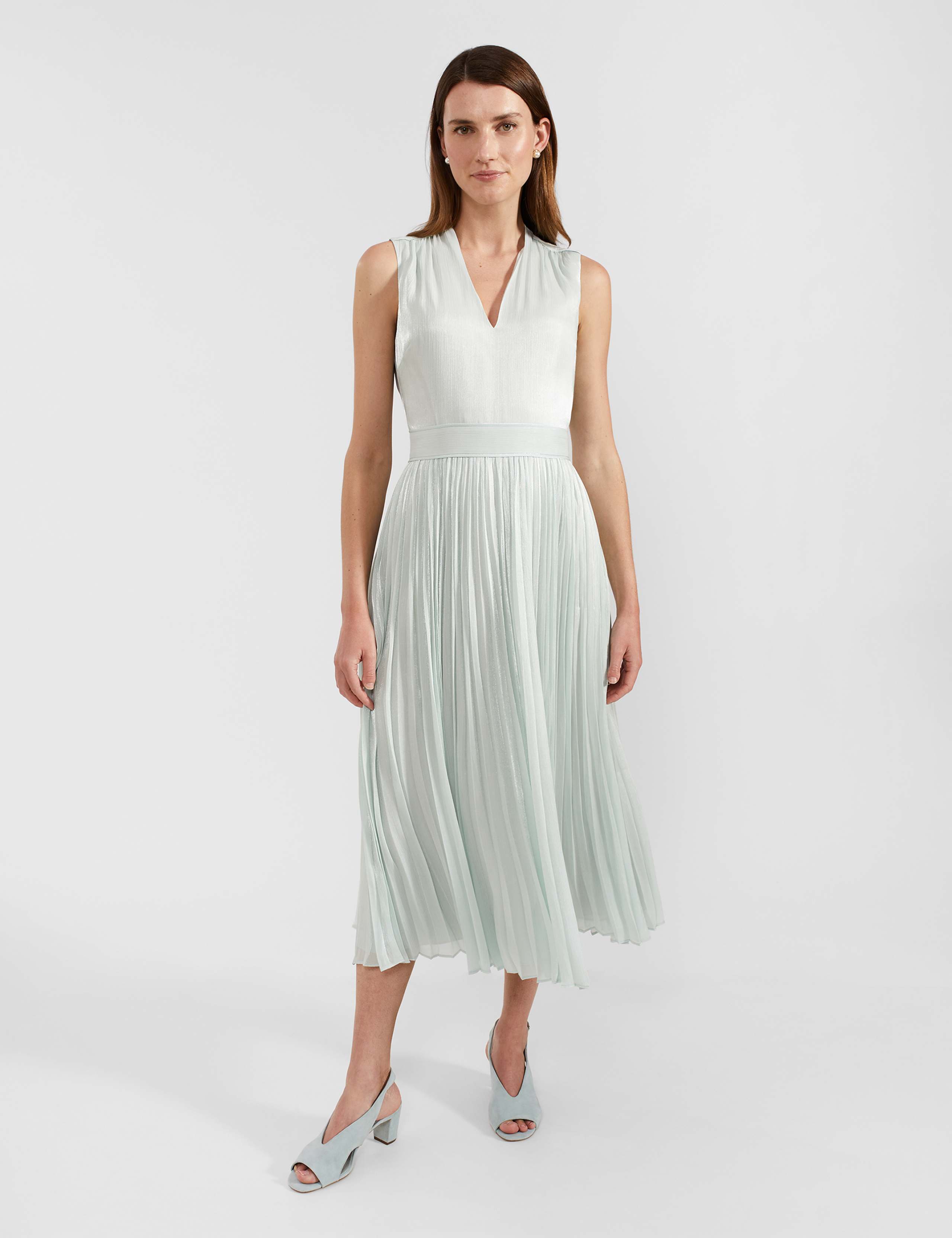 V-Neck Pleated Midi Waisted Dress