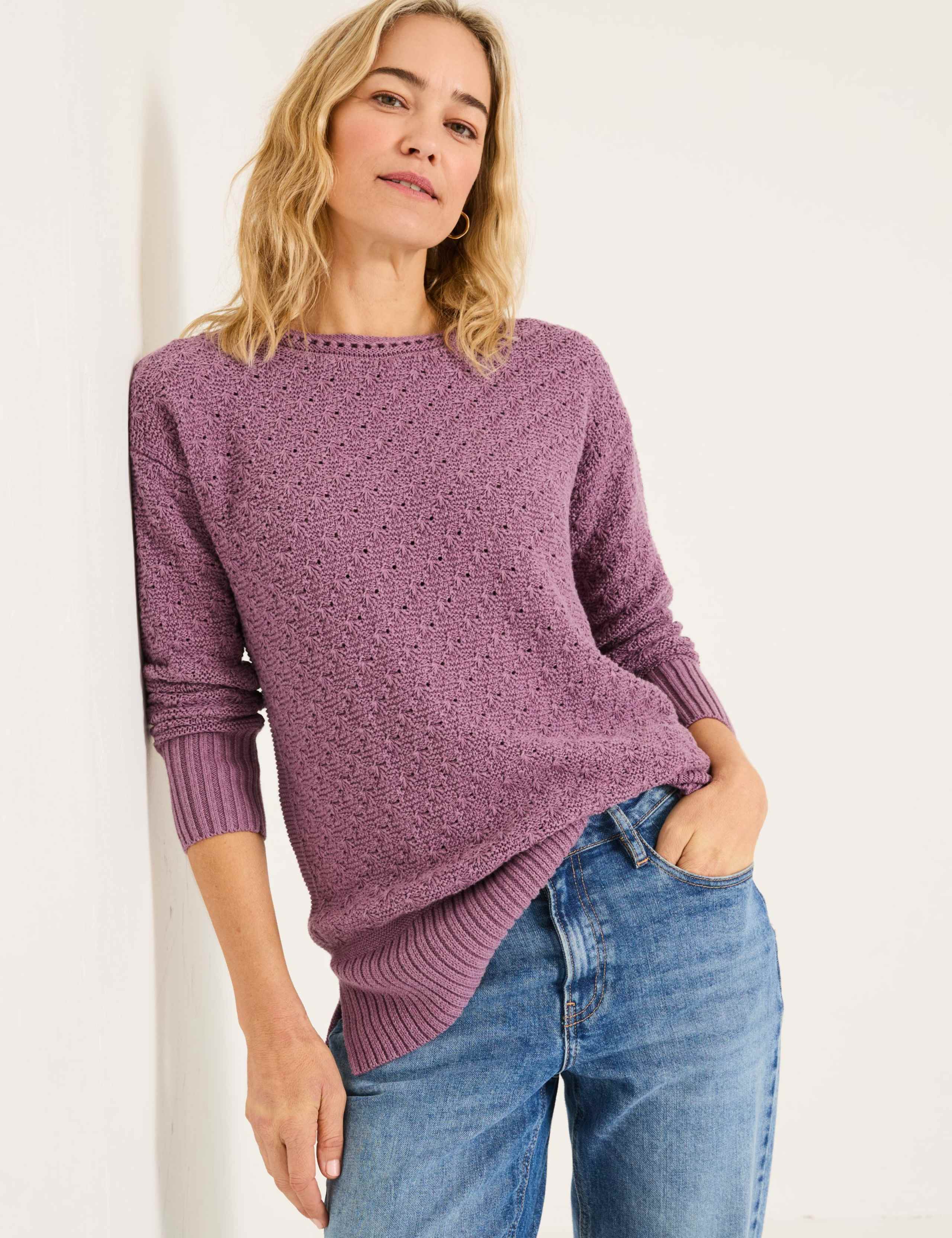 Pure Cotton Textured Crew Neck Jumper