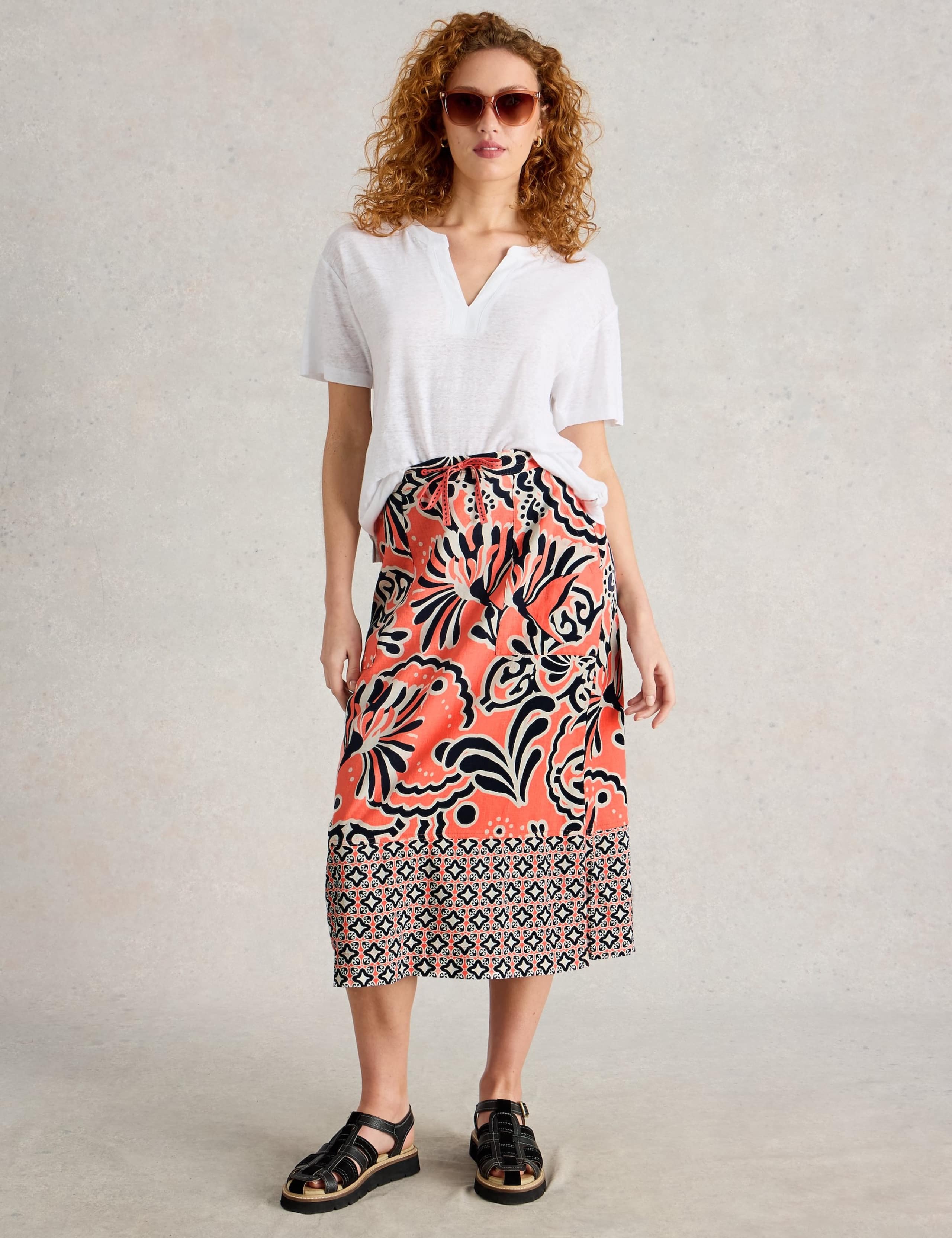 Linen Rich Printed Midi A-Line Skirt