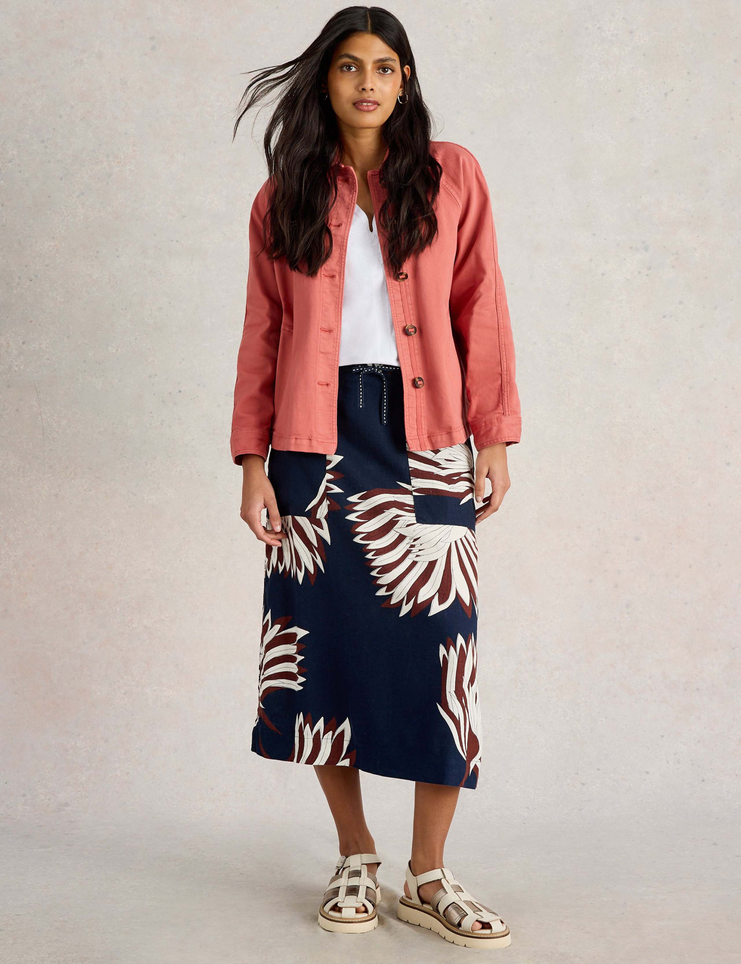 Linen Rich Printed Midi A-Line Skirt