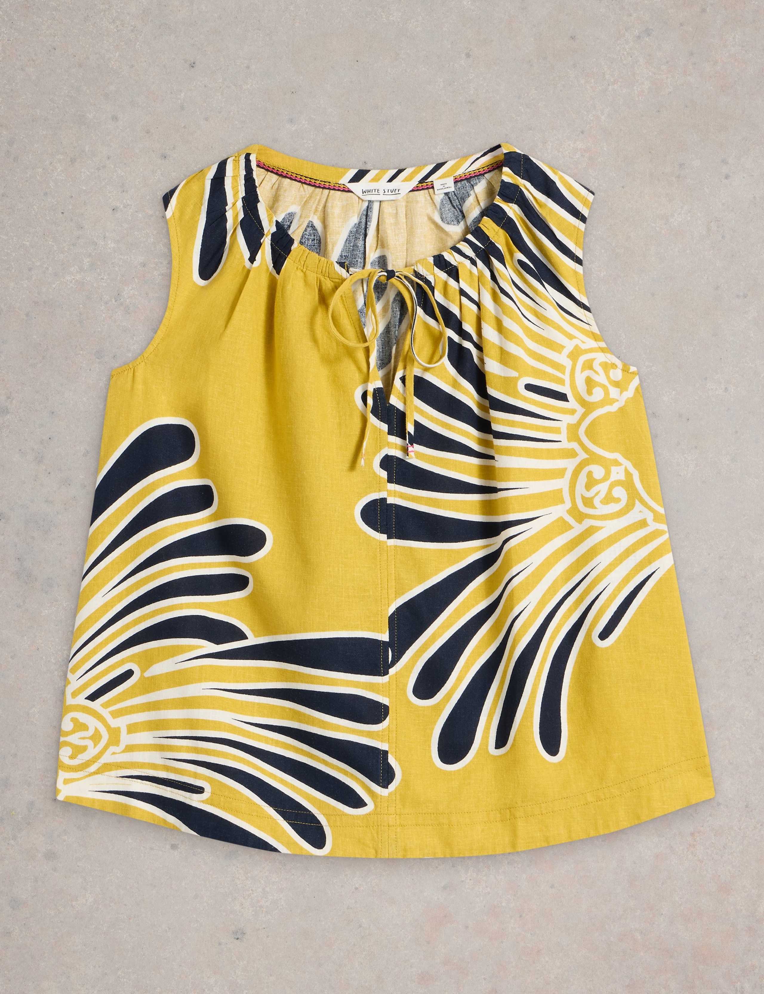 Linen Blend Printed Tie Neck Shell Top