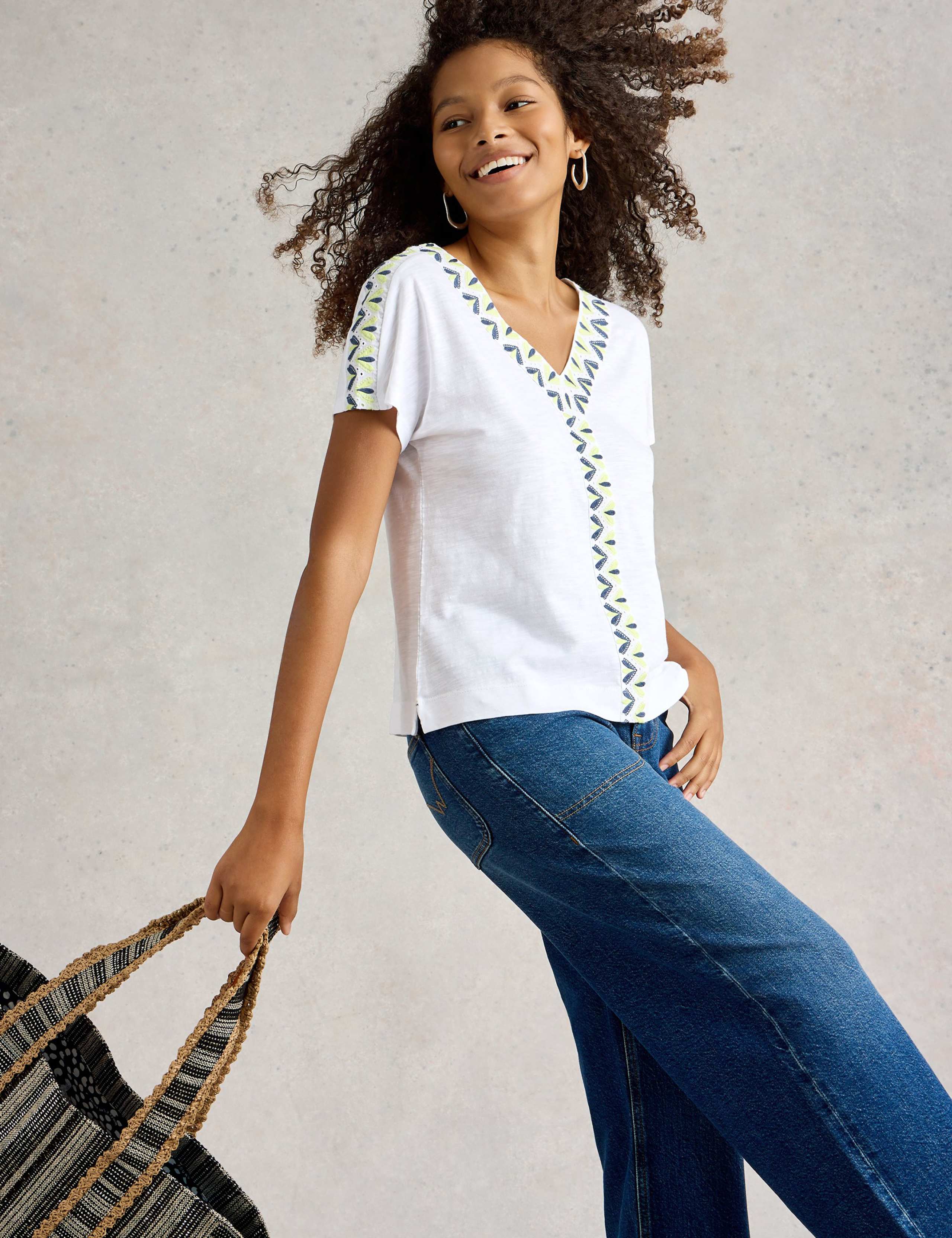 Cotton Rich Embroidered V-Neck Top