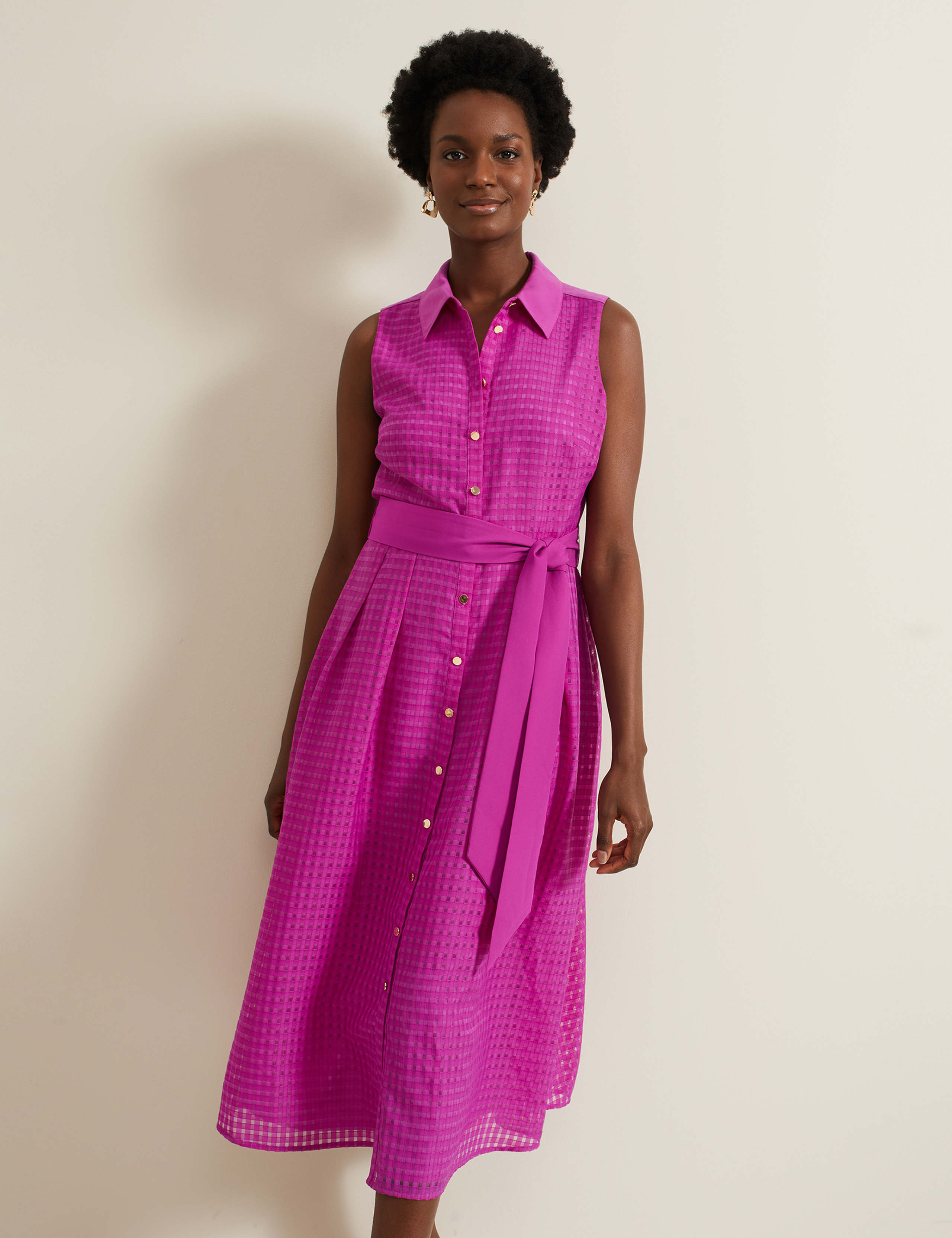 Checked Belted Midi Shirt Dress