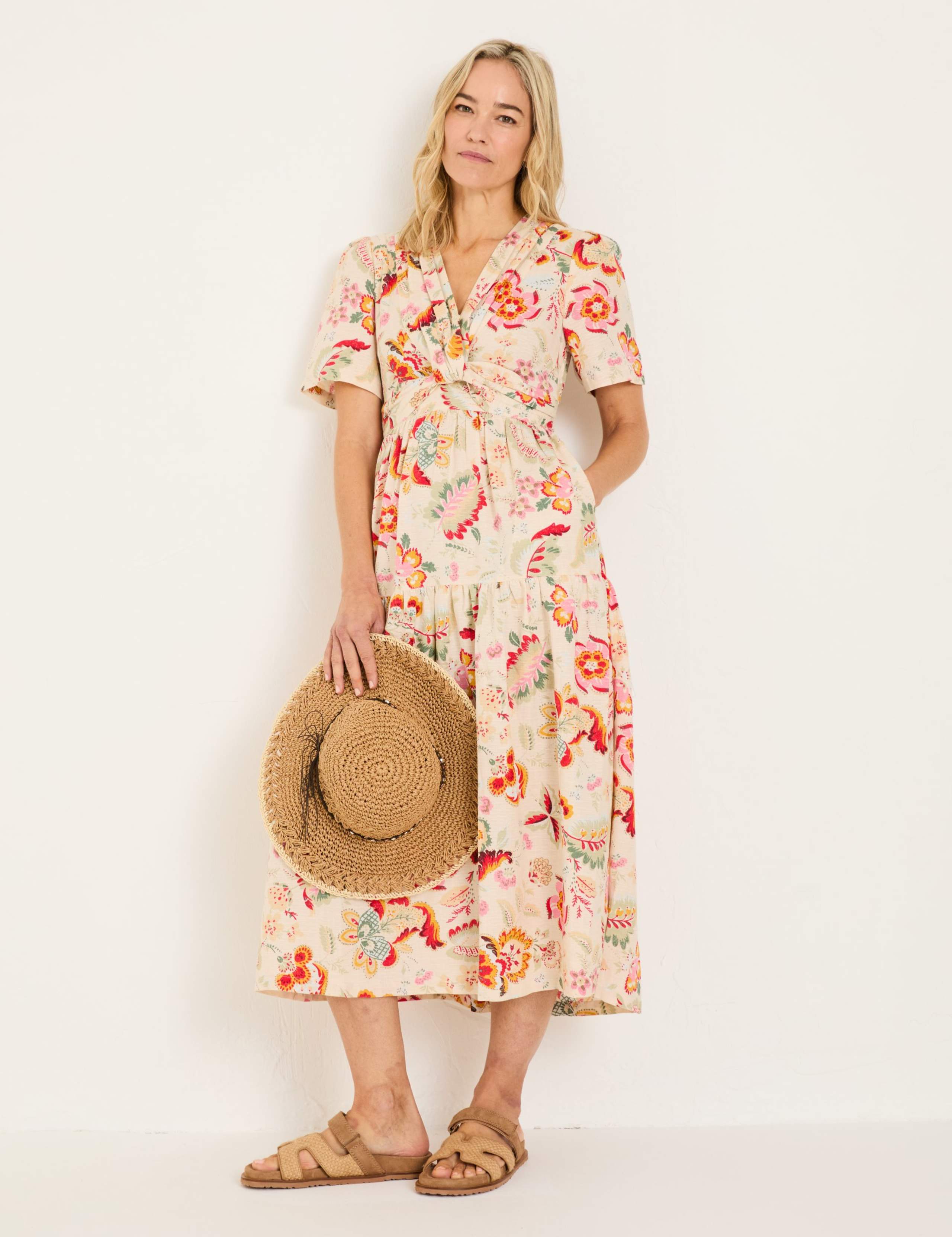 Cotton Blend Floral Midi V-Neck Dress