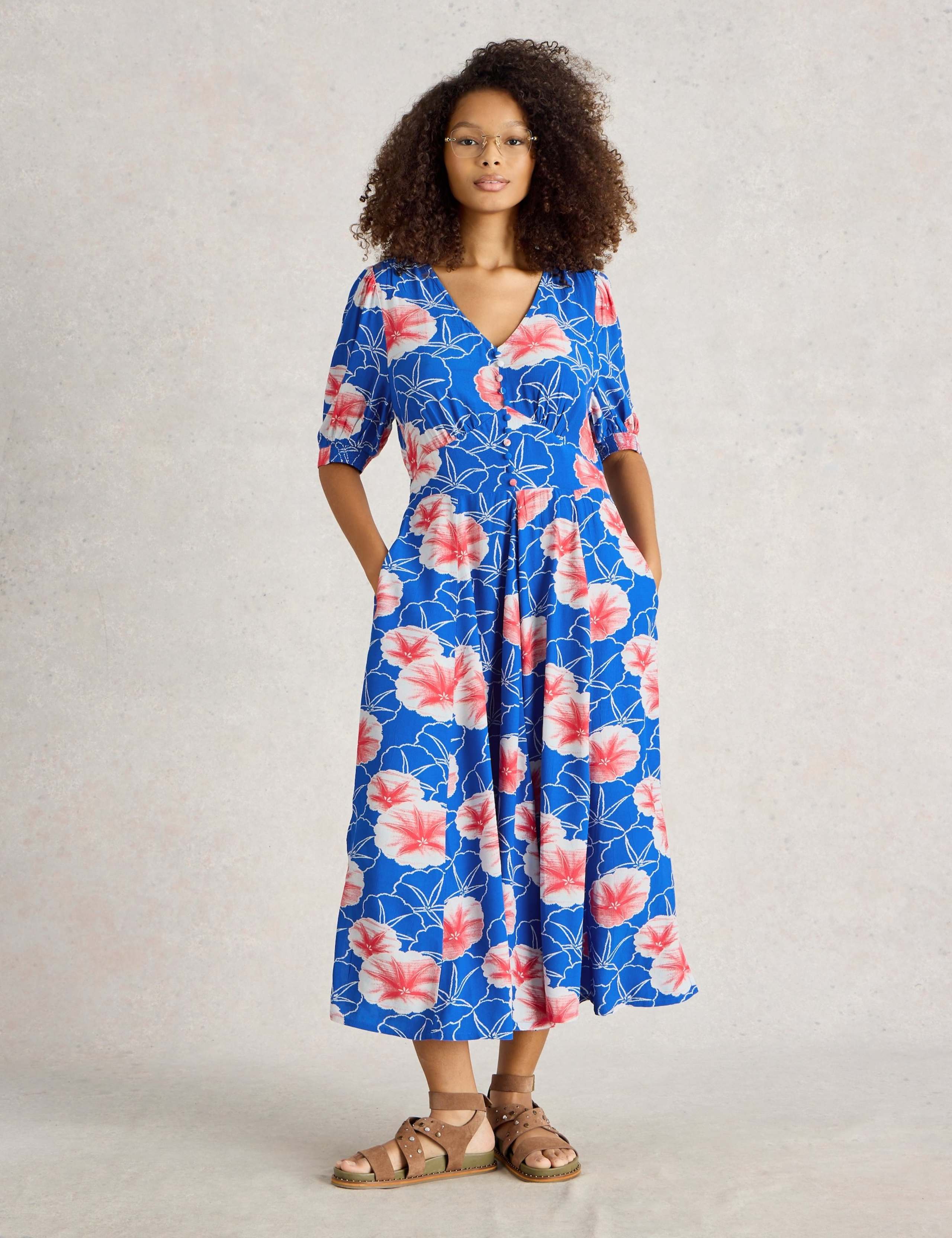 Printed V-Neck Midi Tea Dress