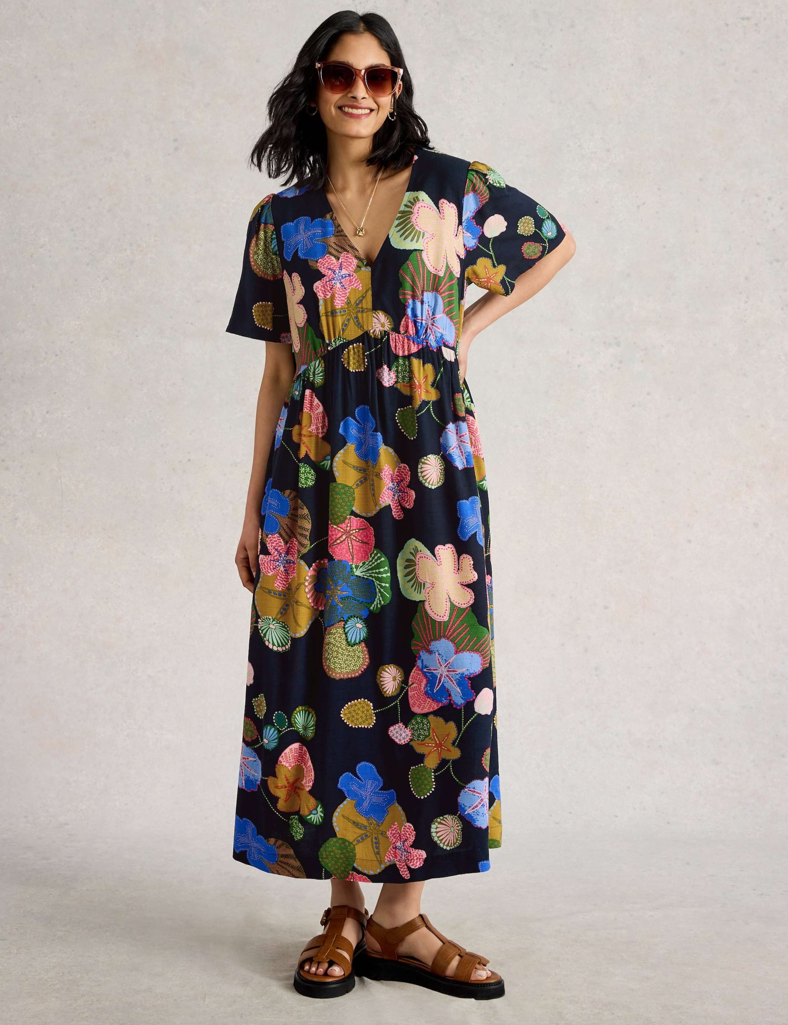 Floral VNeck Midi Tea Dress