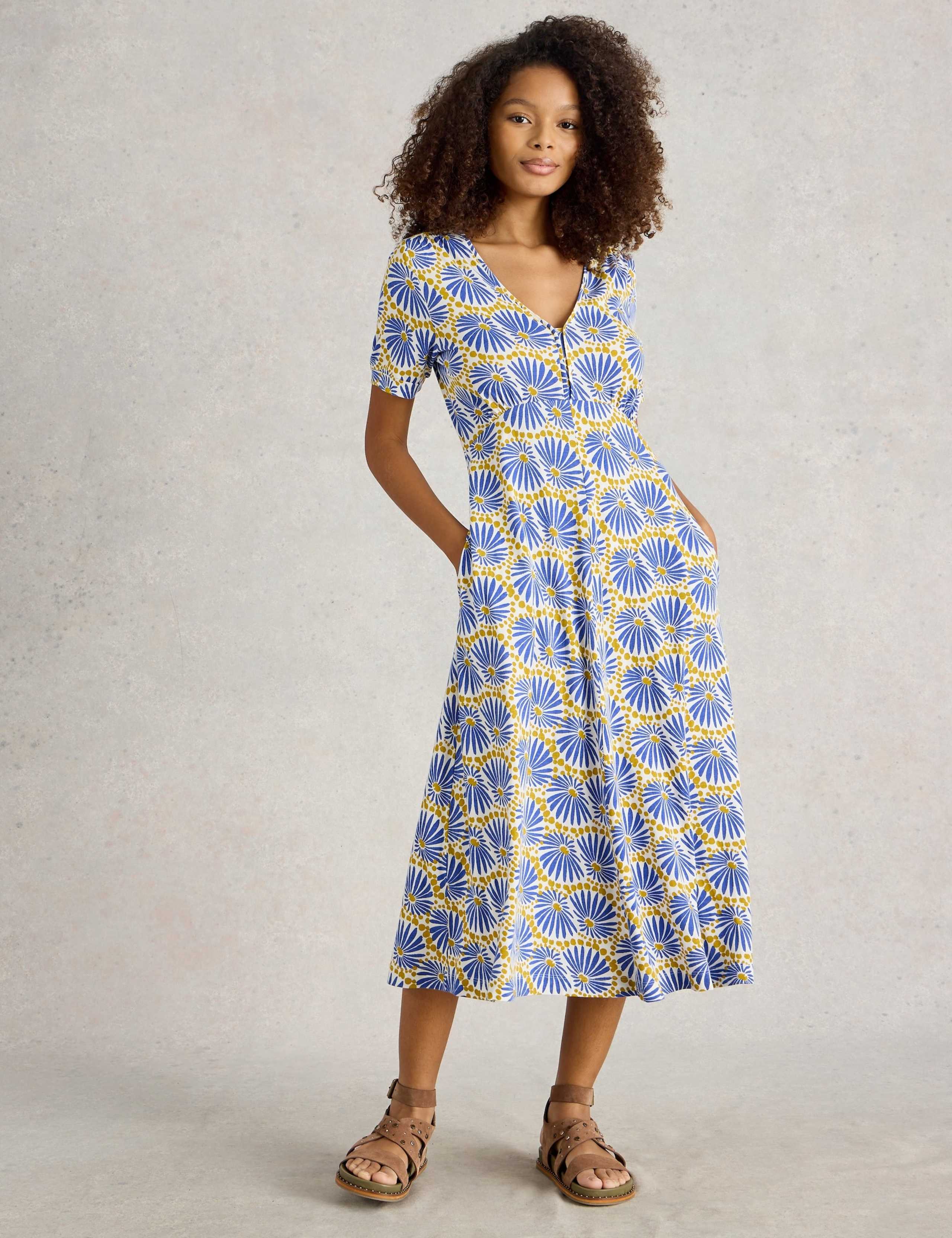 Jersey Printed V-Neck Midi Tea Dress
