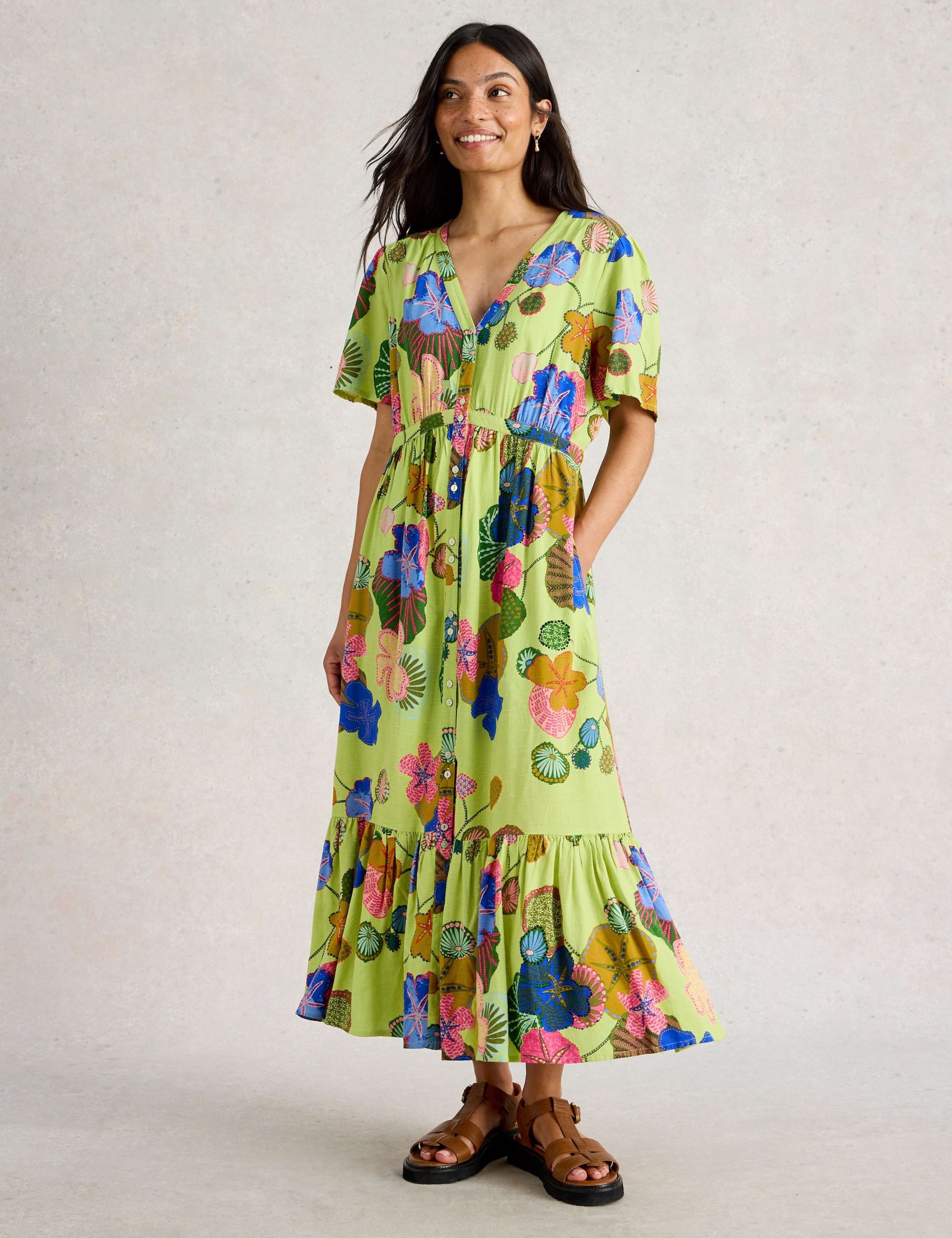 Printed V-Neck Shirred Midi Tea Dress
