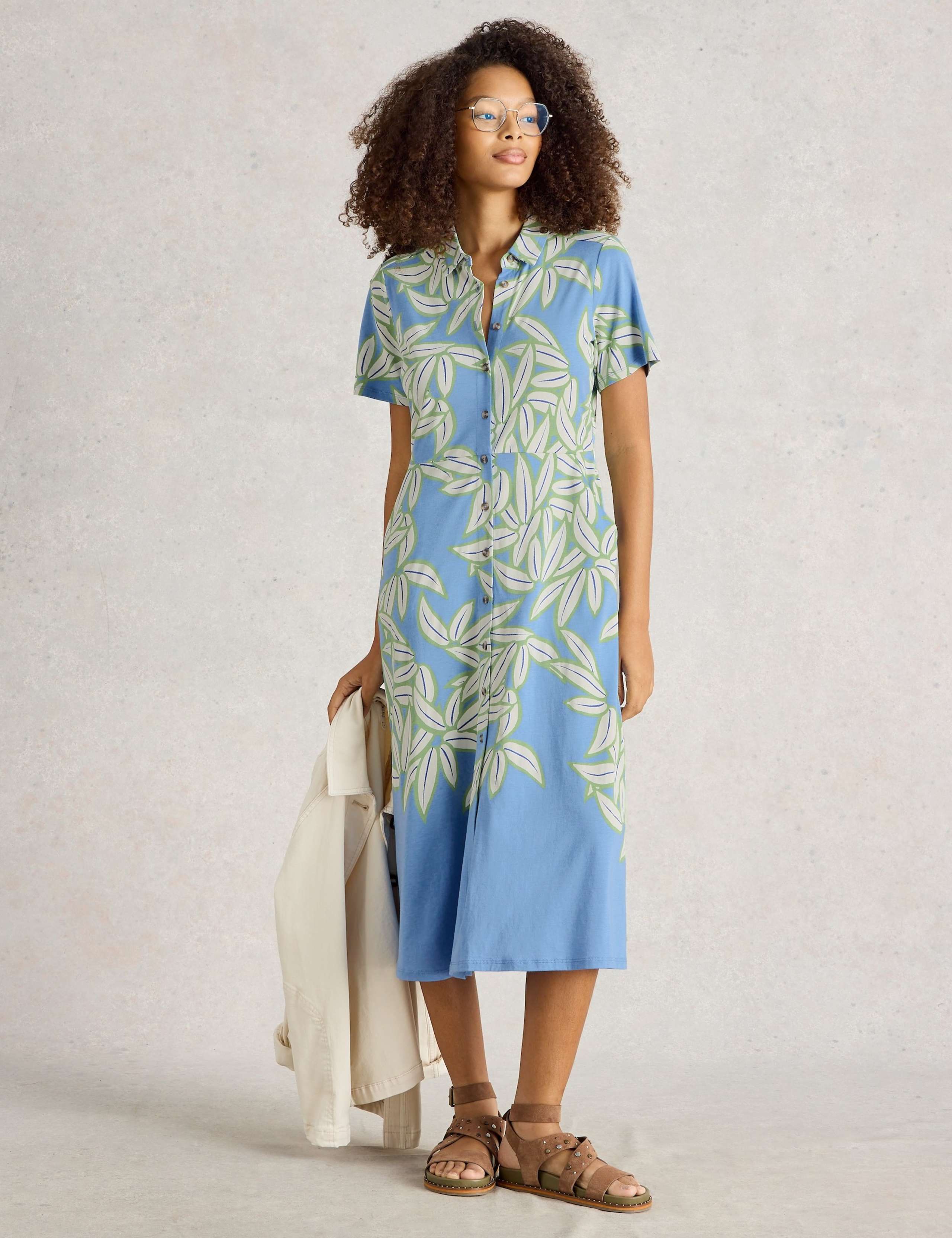 Jersey Printed Collared Button Front Midi Shirt Dress