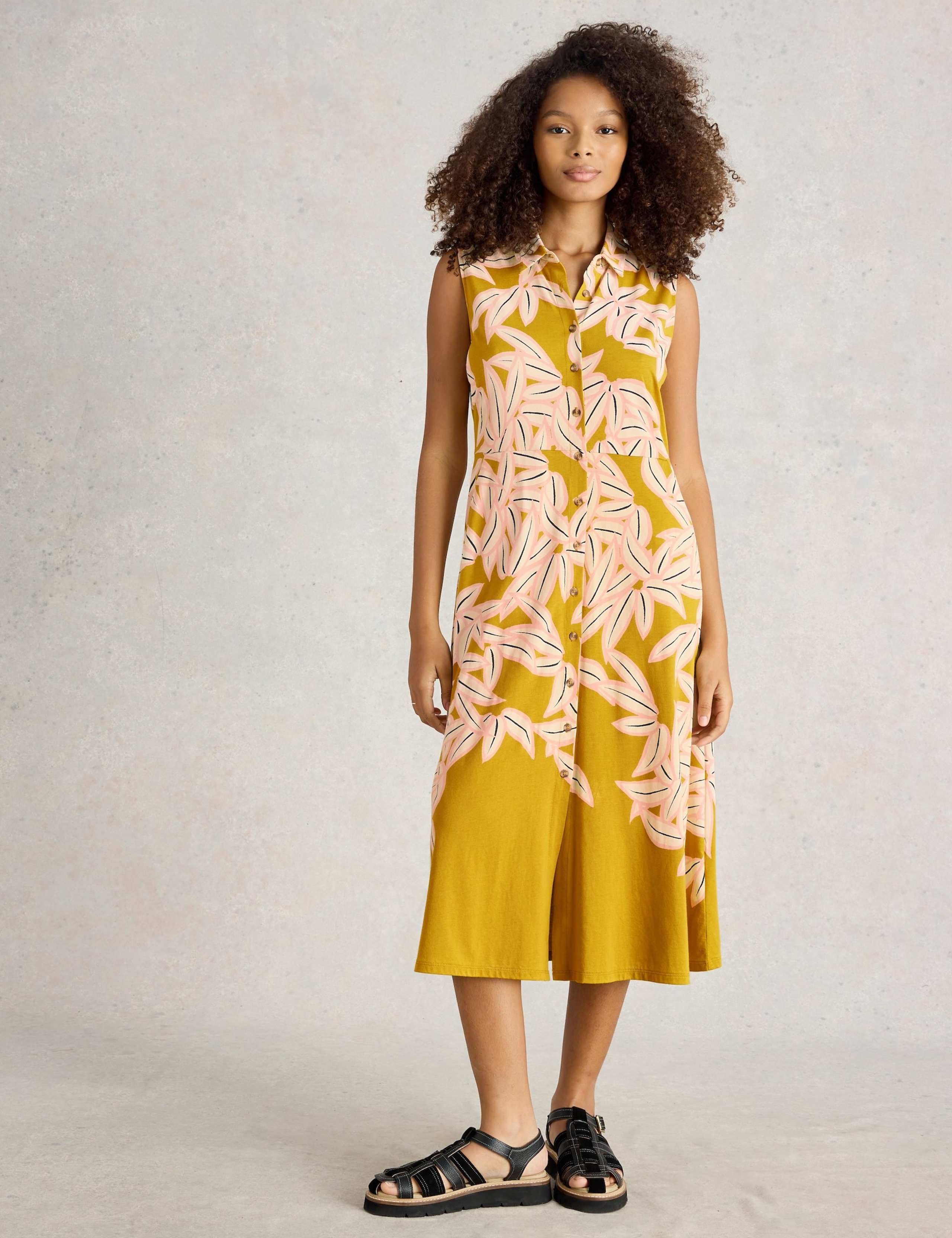 Cotton Blend Jersey Printed Midi Shirt Dress
