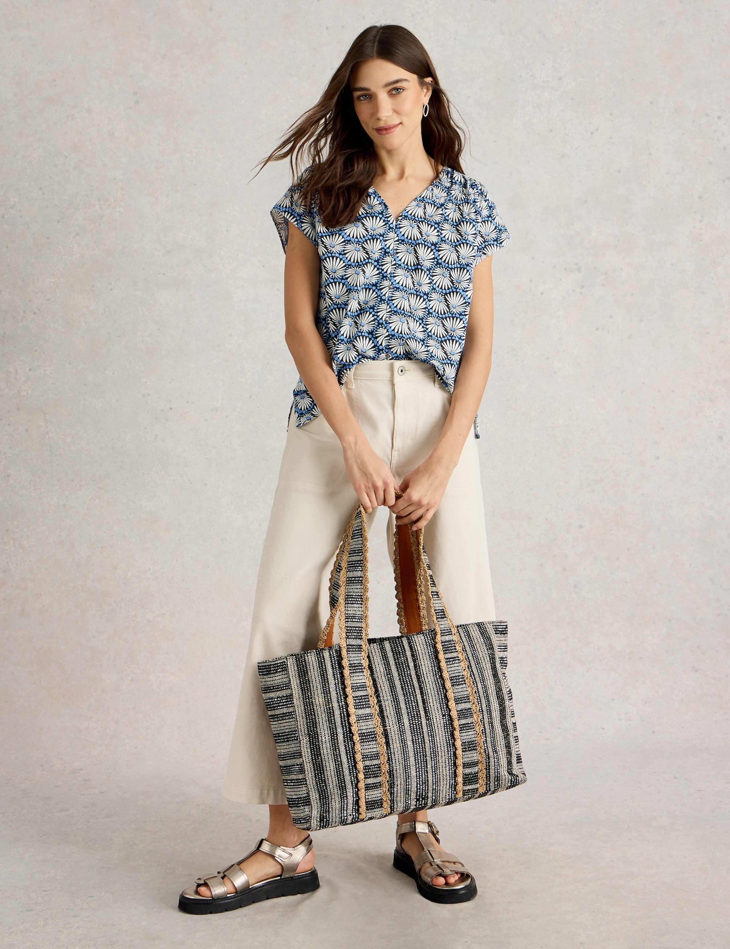 Pure Cotton Geometric Floral V-Neck Top