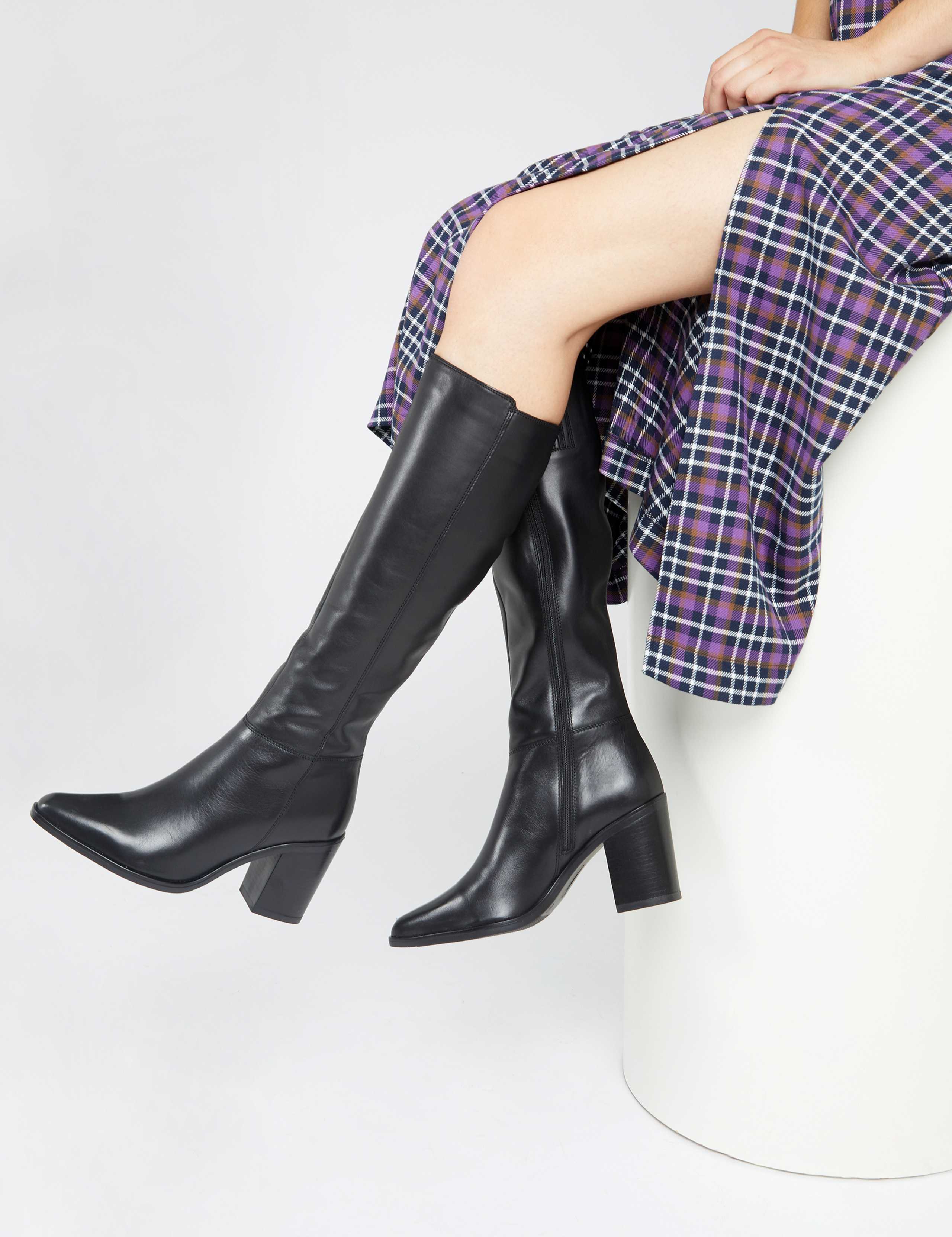 Wide Calf Leather Block Heel Knee High Boots