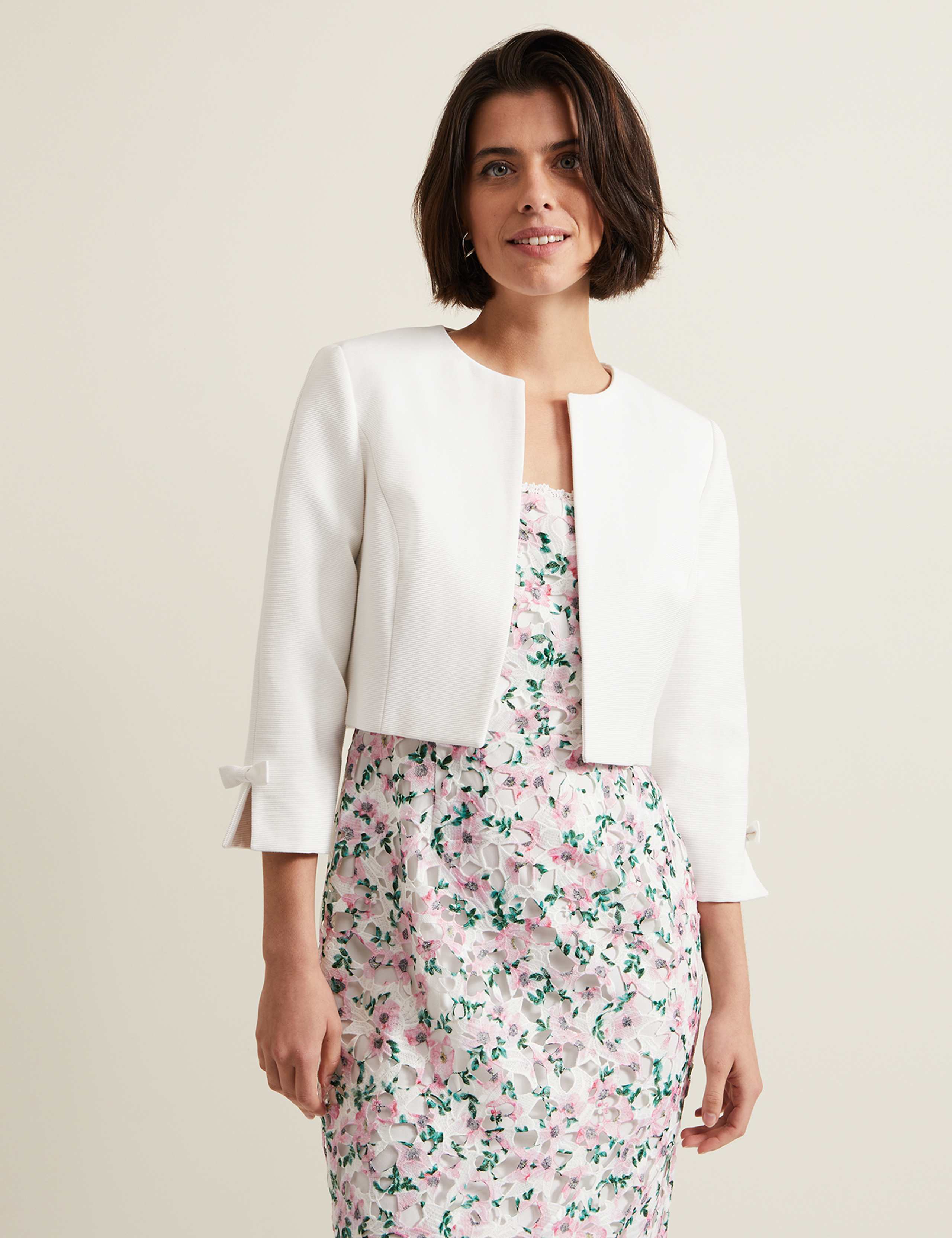 Cotton Rich Collarless Bow Short Jacket