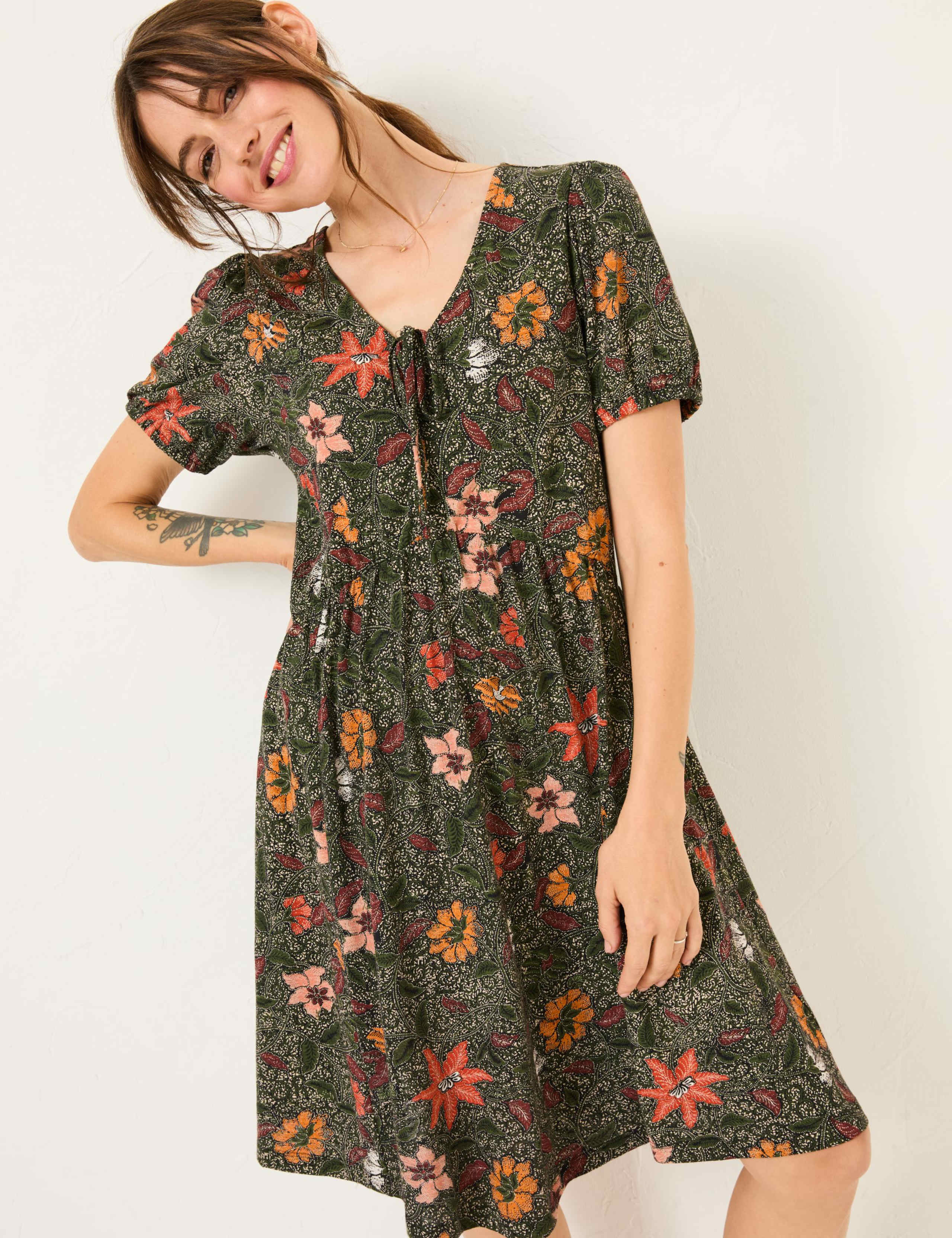 Jersey Floral Tie Neck Mini Waisted Dress