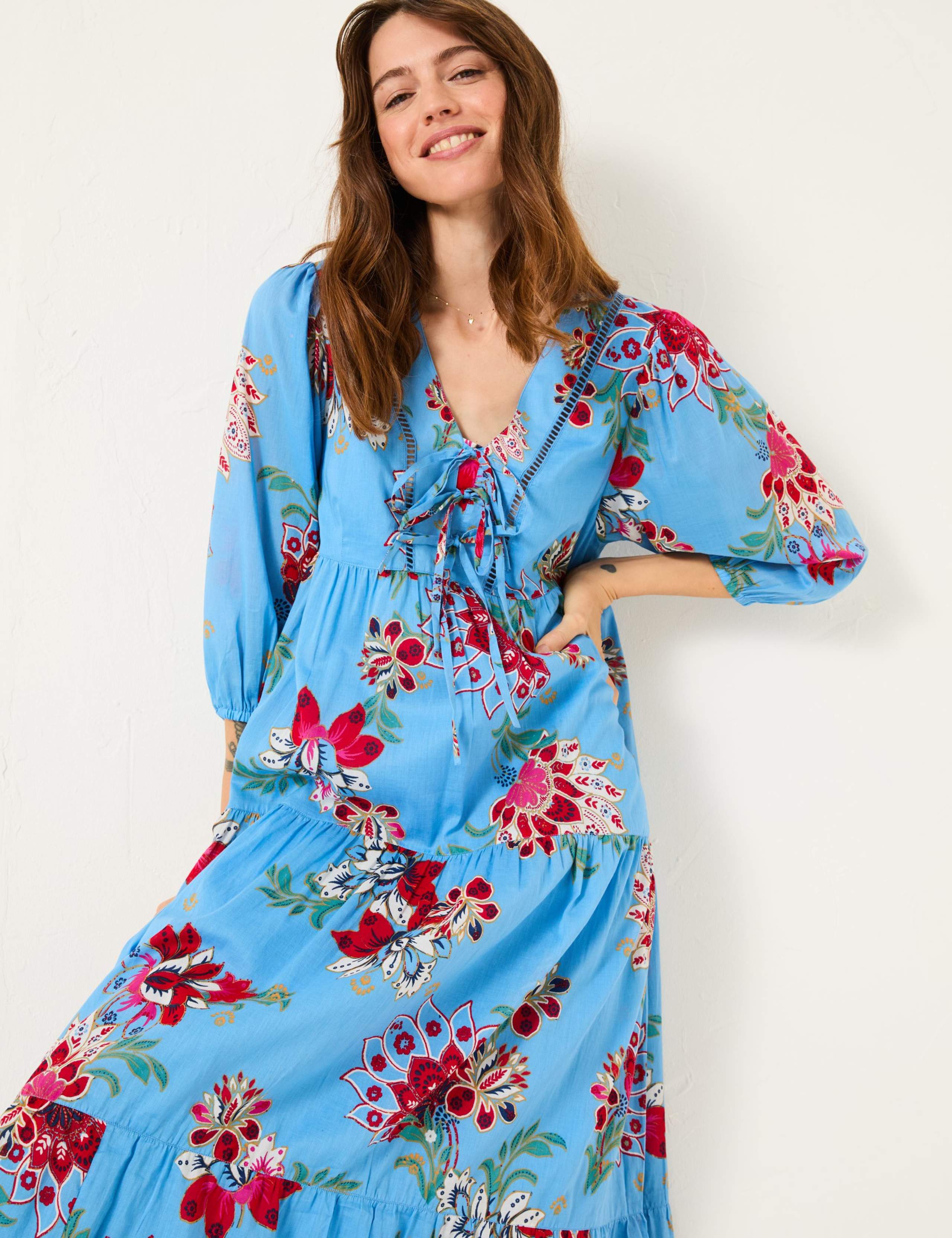 Pure Cotton Floral Tie Neck Midi Tiered Dress