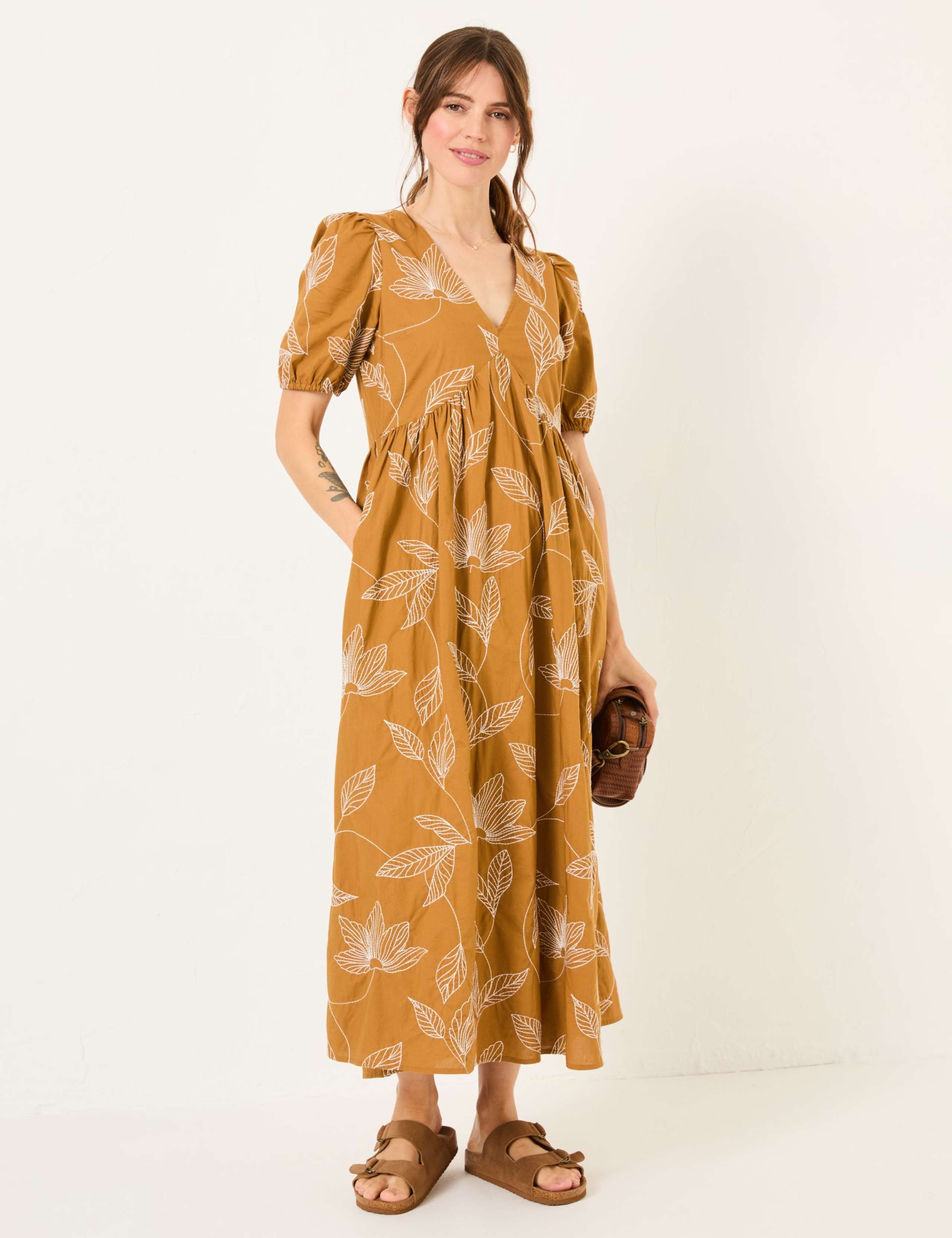 Pure Cotton Leaf Print V-Neck Midi Dress
