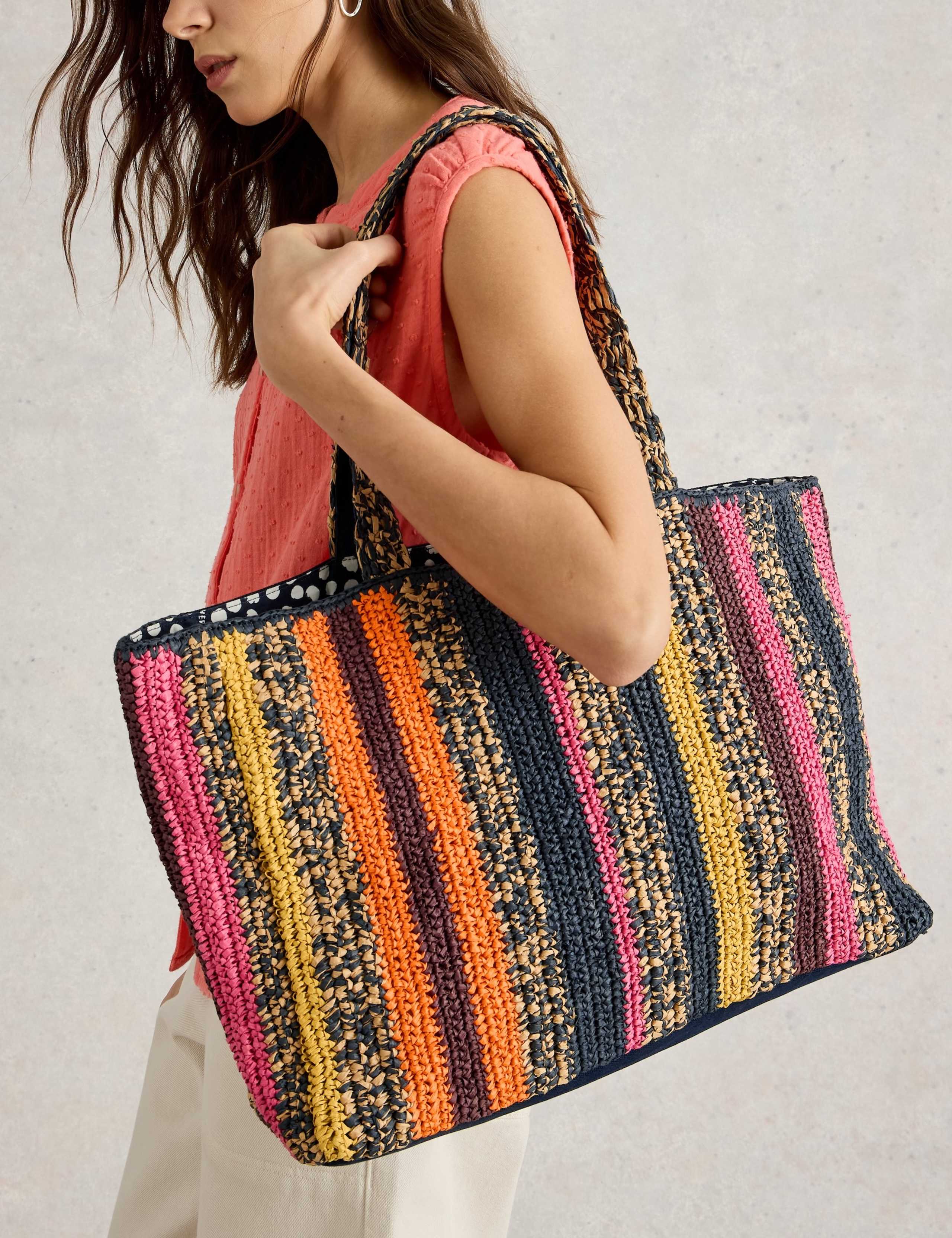 Crochet Striped Top Handle Tote Bag