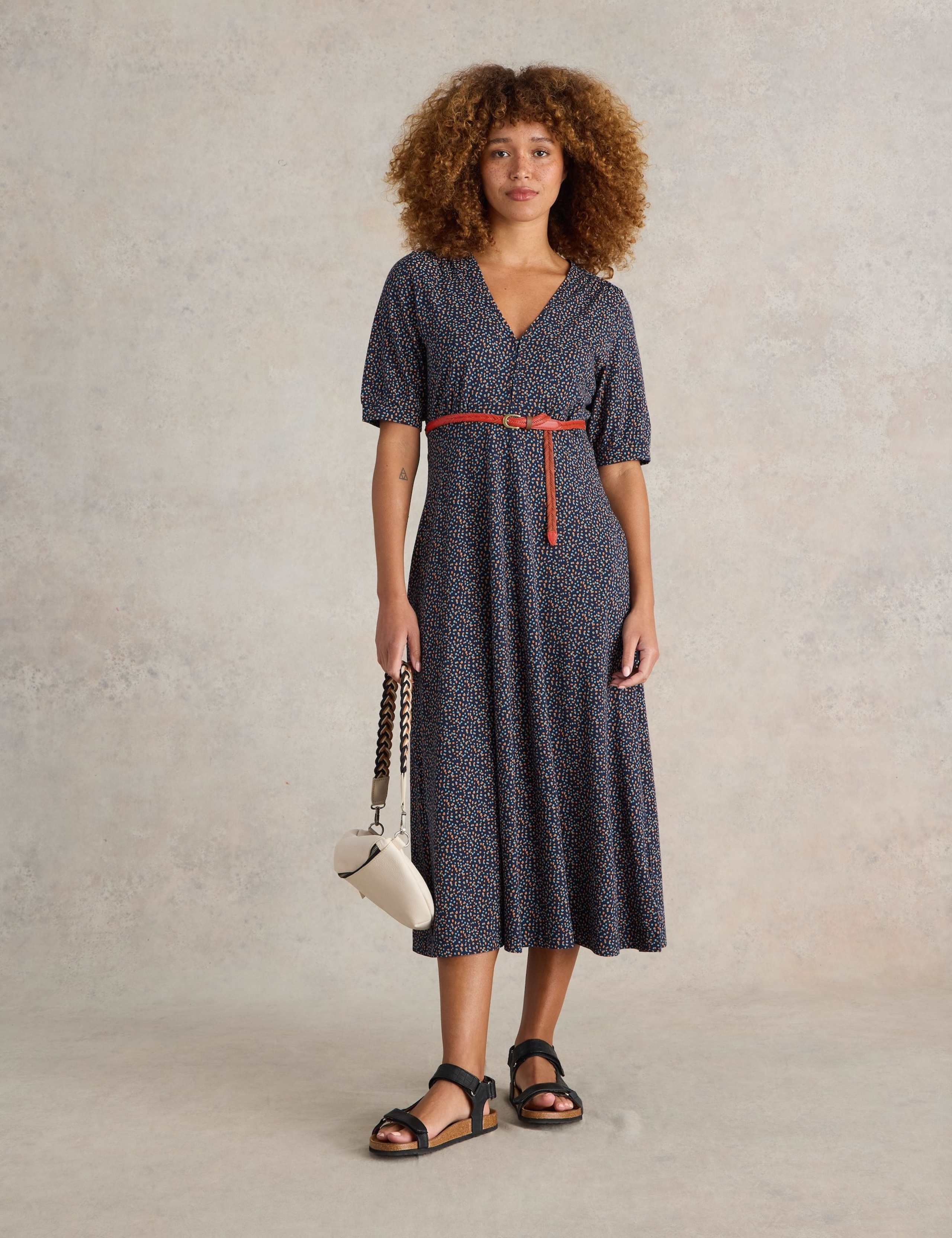 Jersey Printed V-Neck Midi Tea Dress
