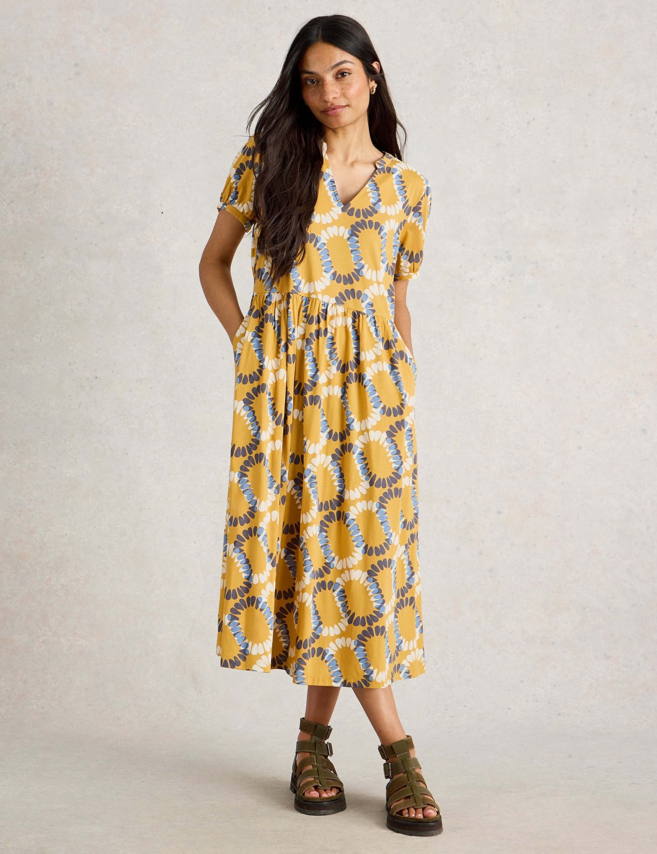 Jersey Printed Notch Neck Midi Waisted Dress